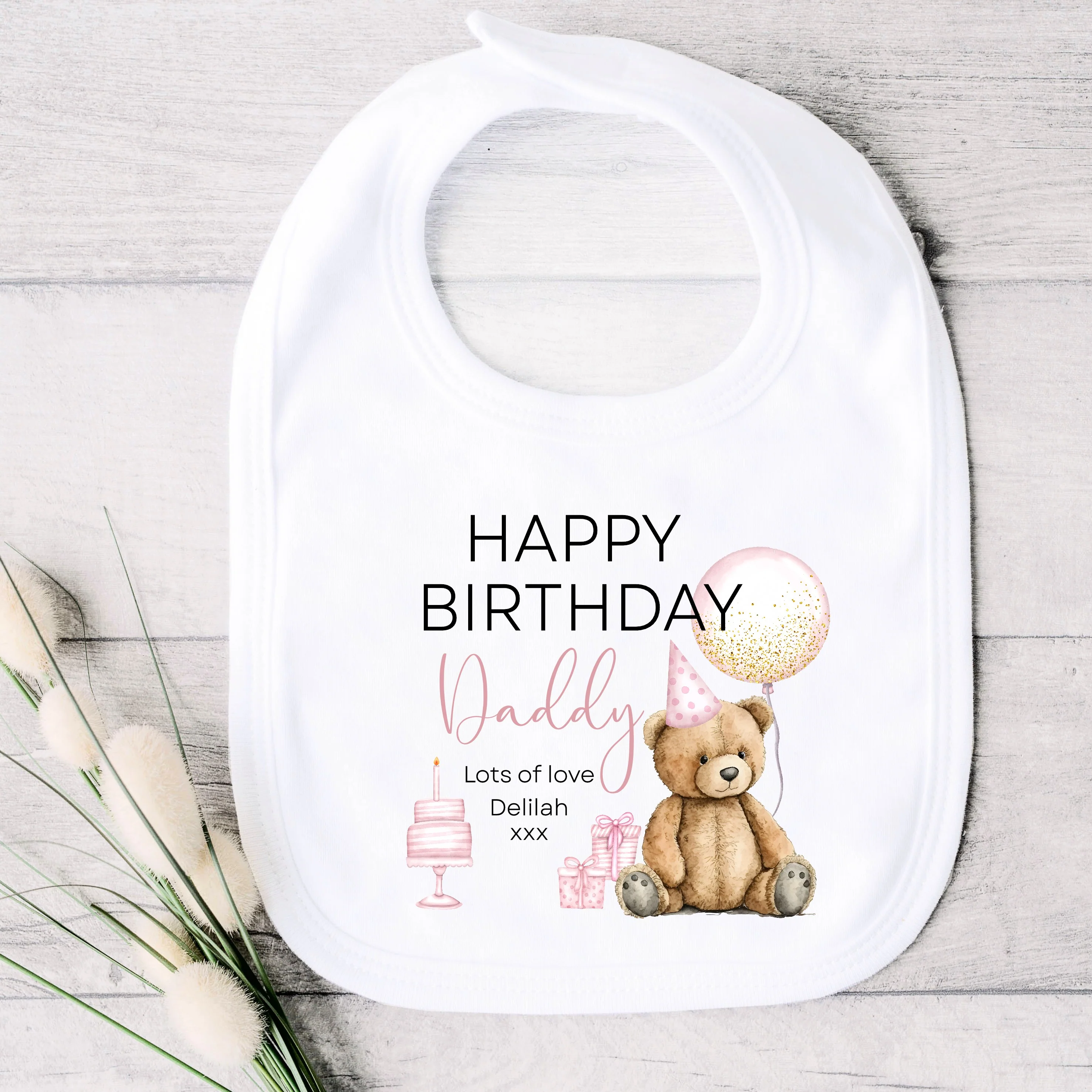 Personalised Pink Teddy Bear Happy Birthday Daddy Baby Grow or Vest - Image 5