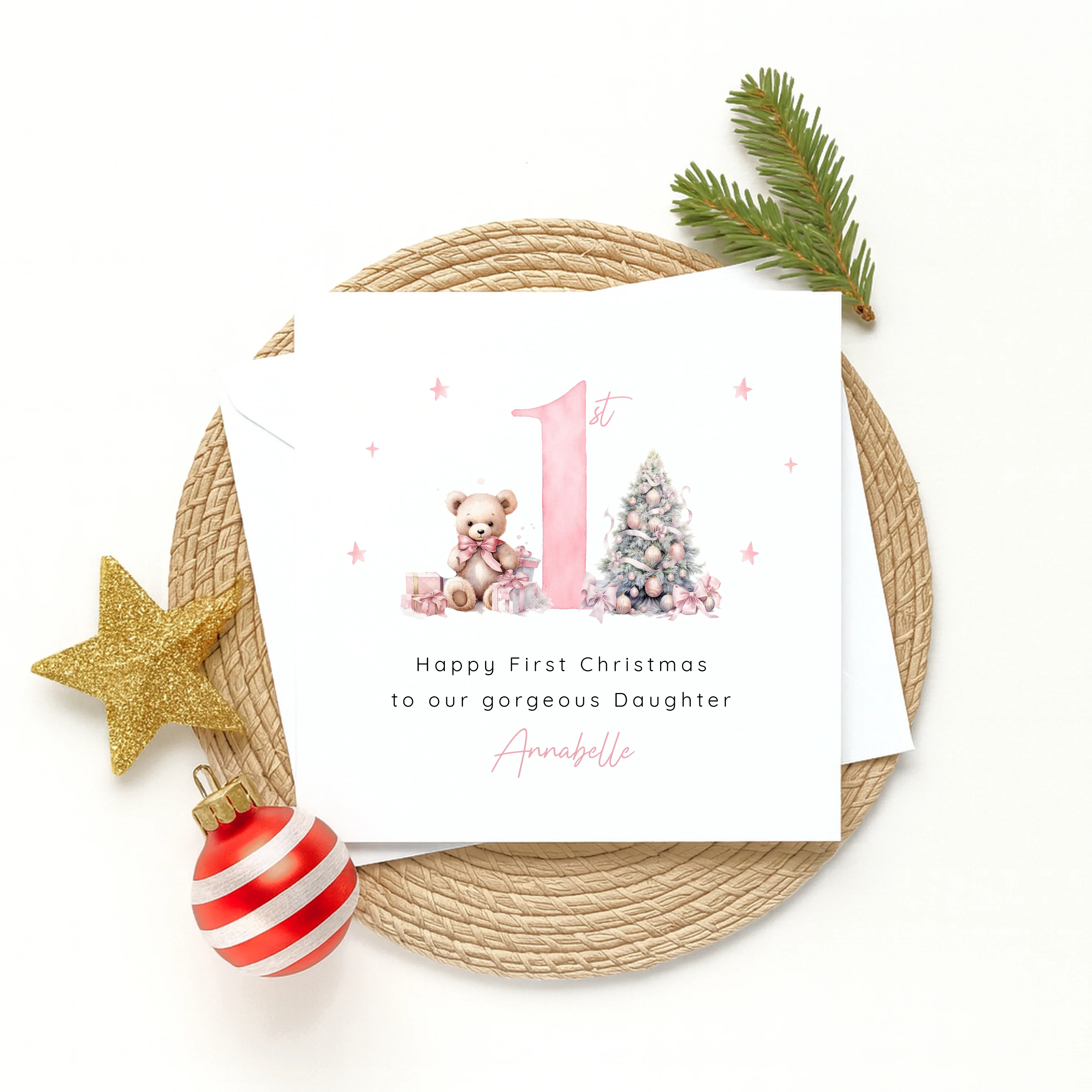 Personalised Pink Teddy Christmas Card