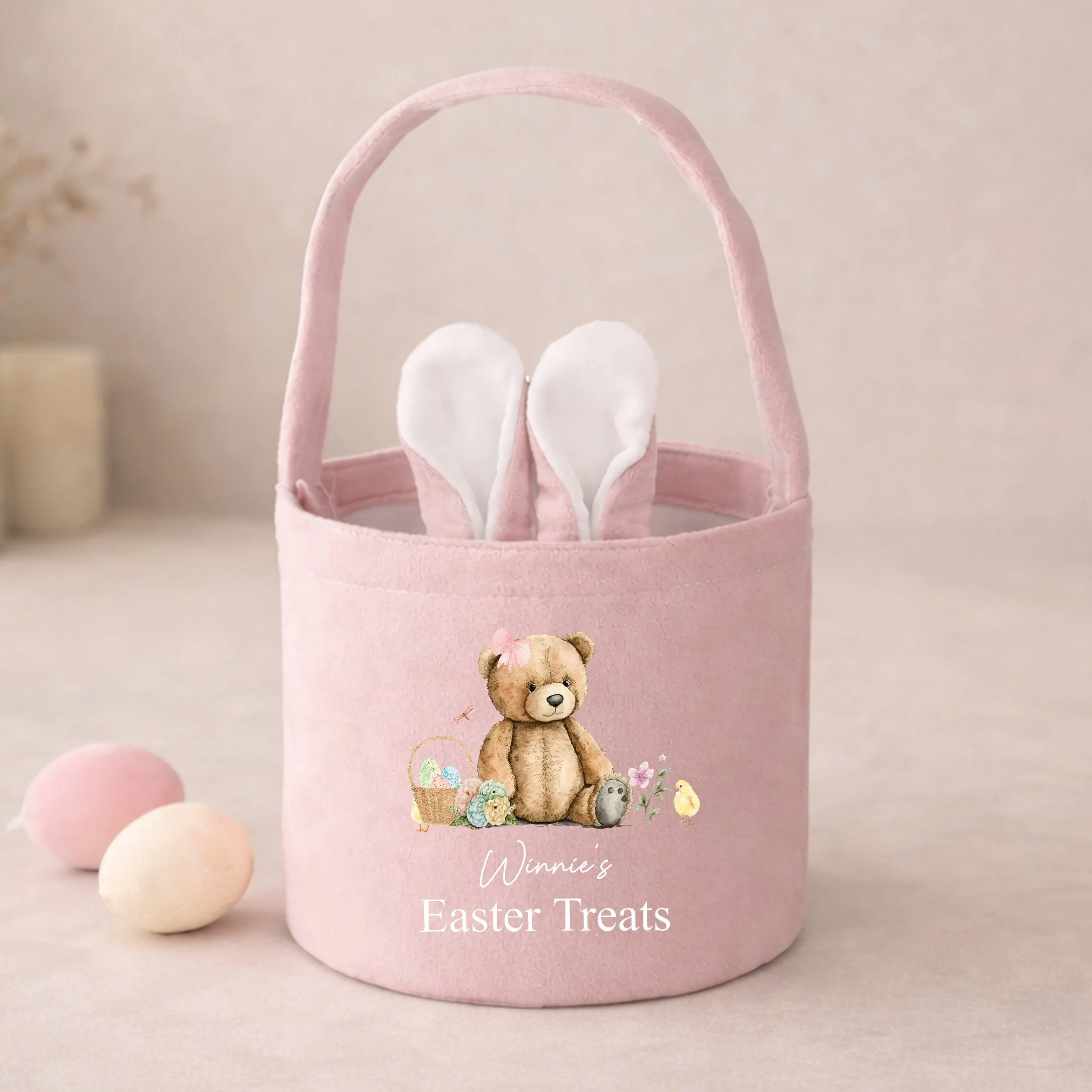 Personalised Pink or Blue Teddy Easter Treat Bunny Basket - Image 2
