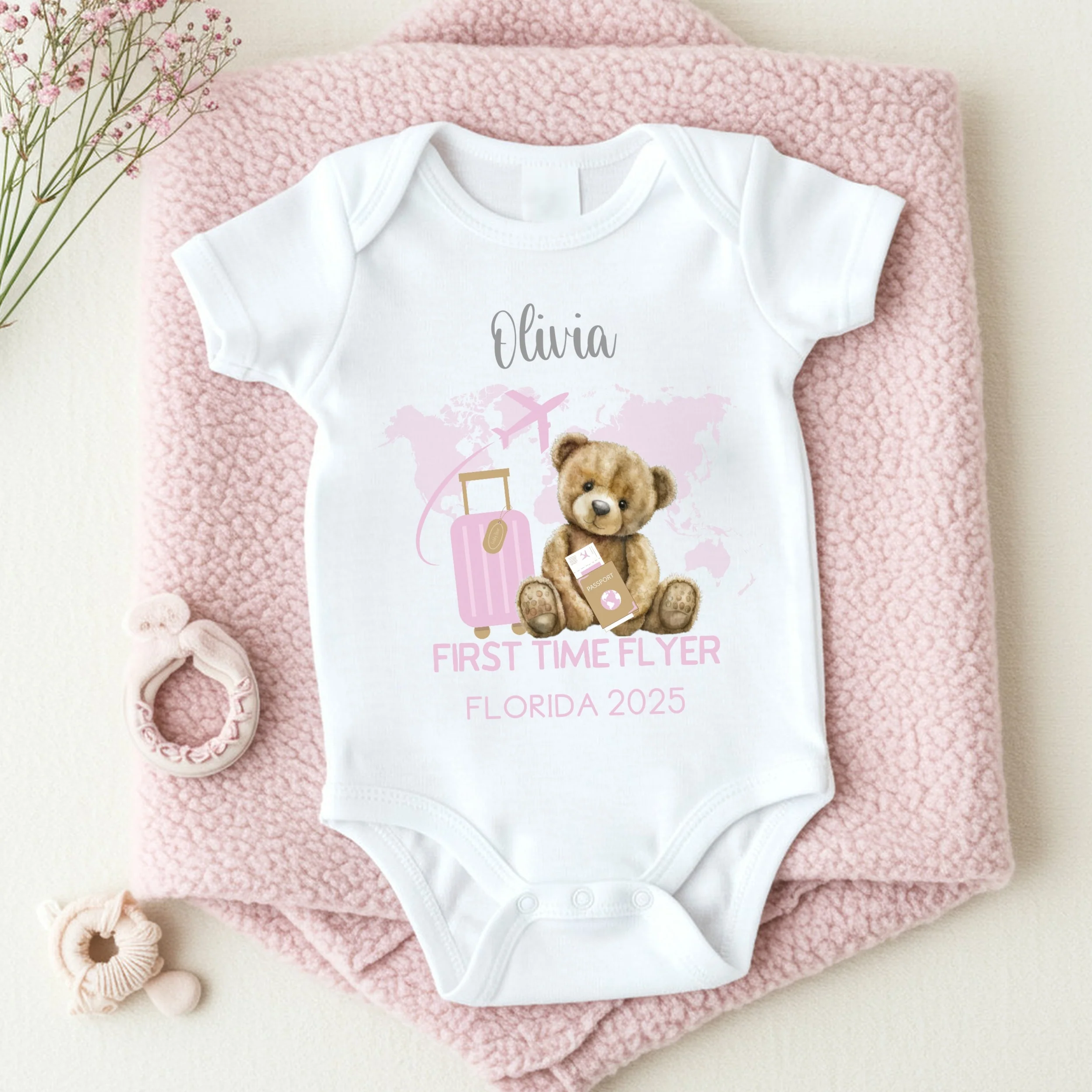 Personalised Pink Teddy First Time Flyer Baby Vest/T-shirt - Image 2