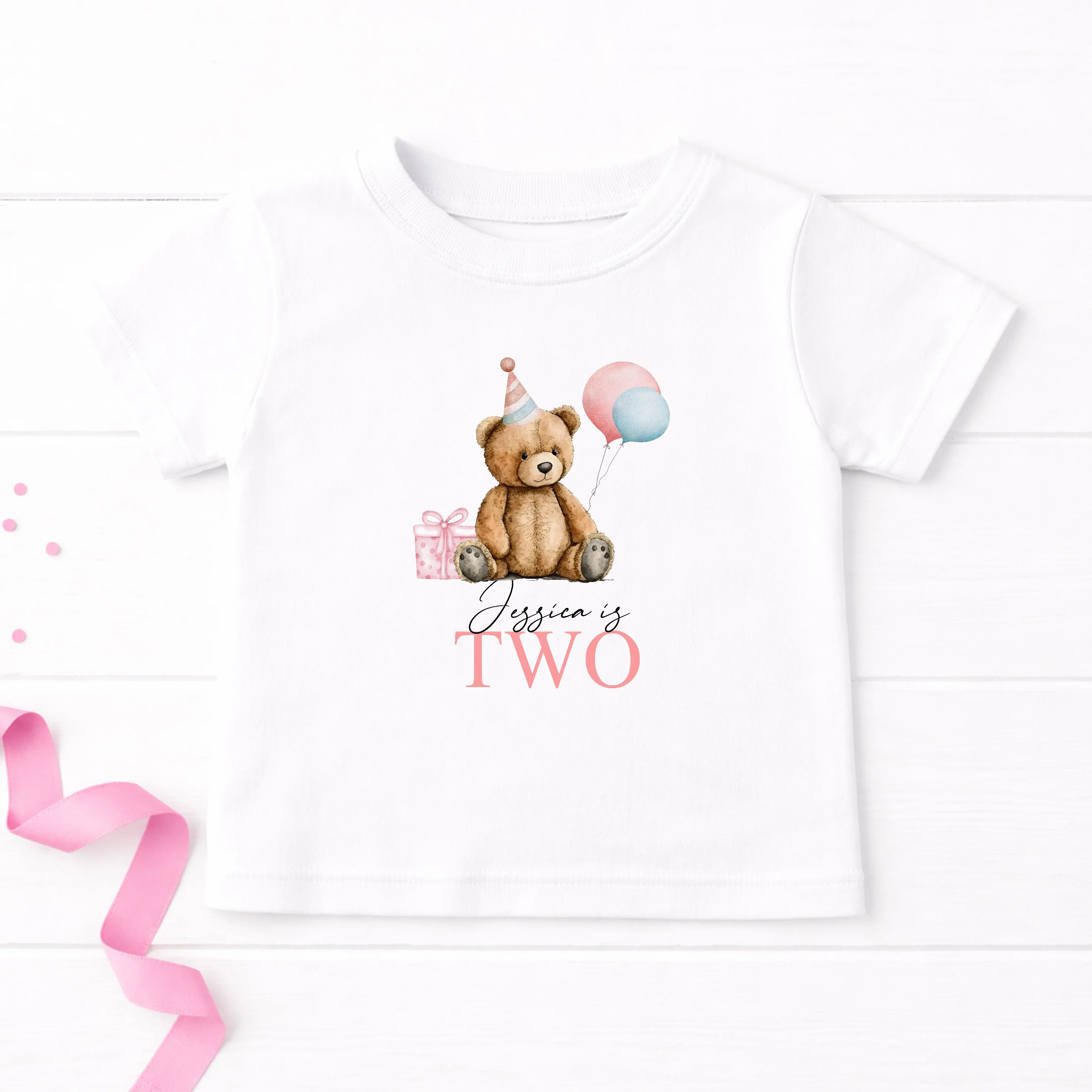 Personalised Pink Teddy Girls Any Age Birthday T-shirt - Image 2
