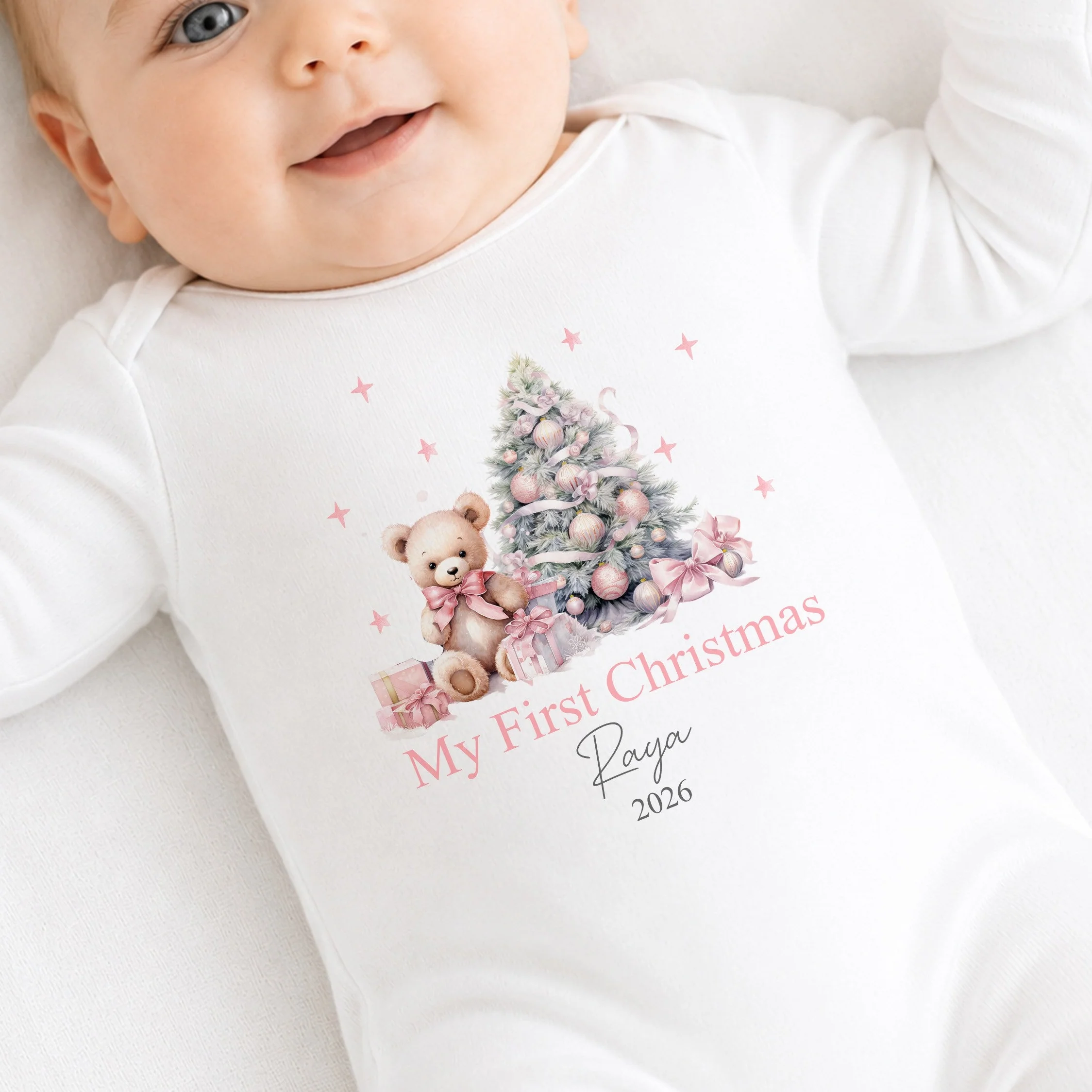 Personalised Pink Teddy My First Christmas Baby Grow, Vest or Bib - Image 3