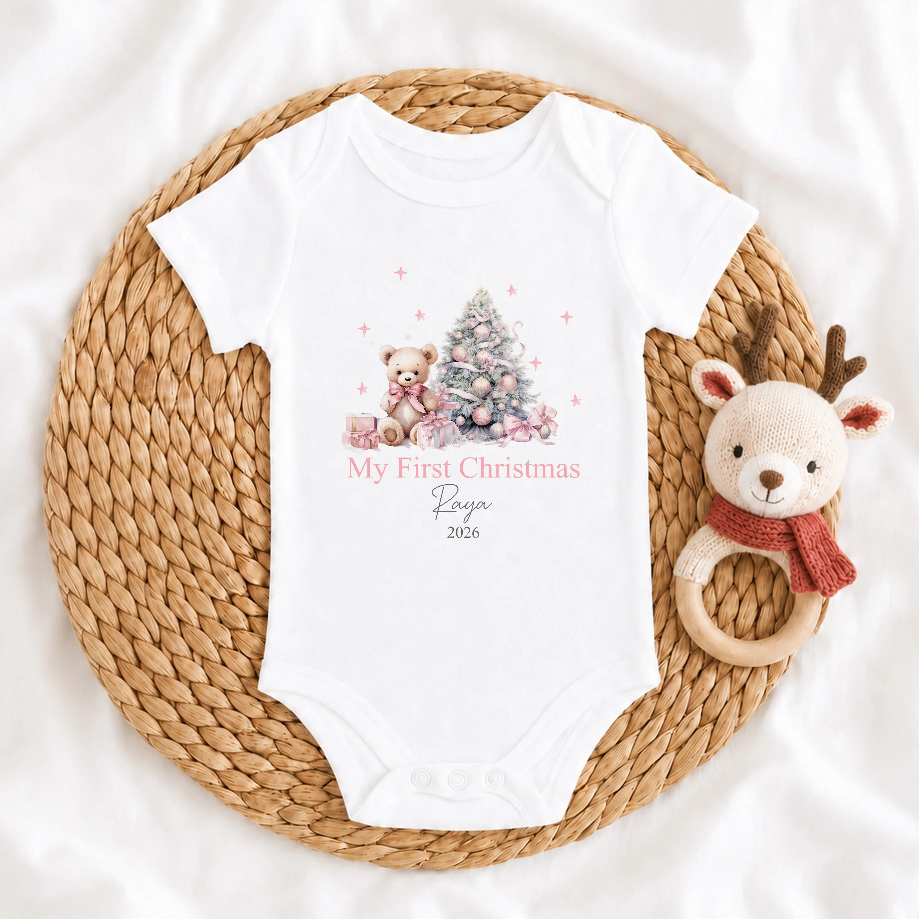 Personalised Pink Teddy My First Christmas Baby Grow, Vest or Bib - Image 4