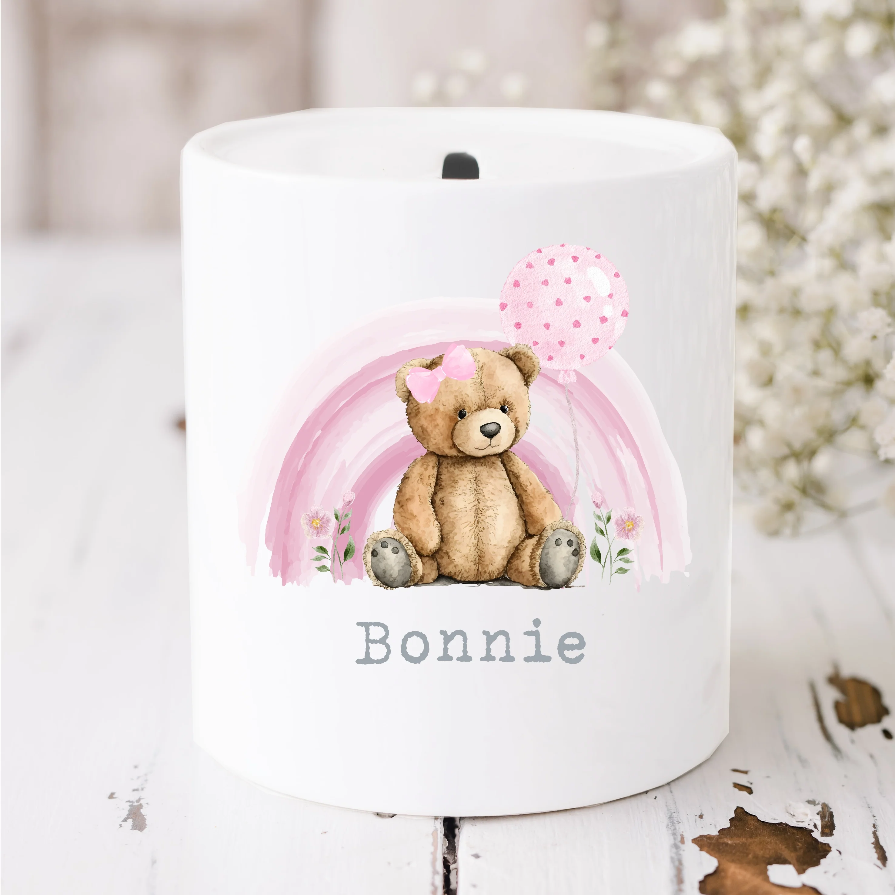Personalised Pink Teddy Rainbow Ceramic Money Box
