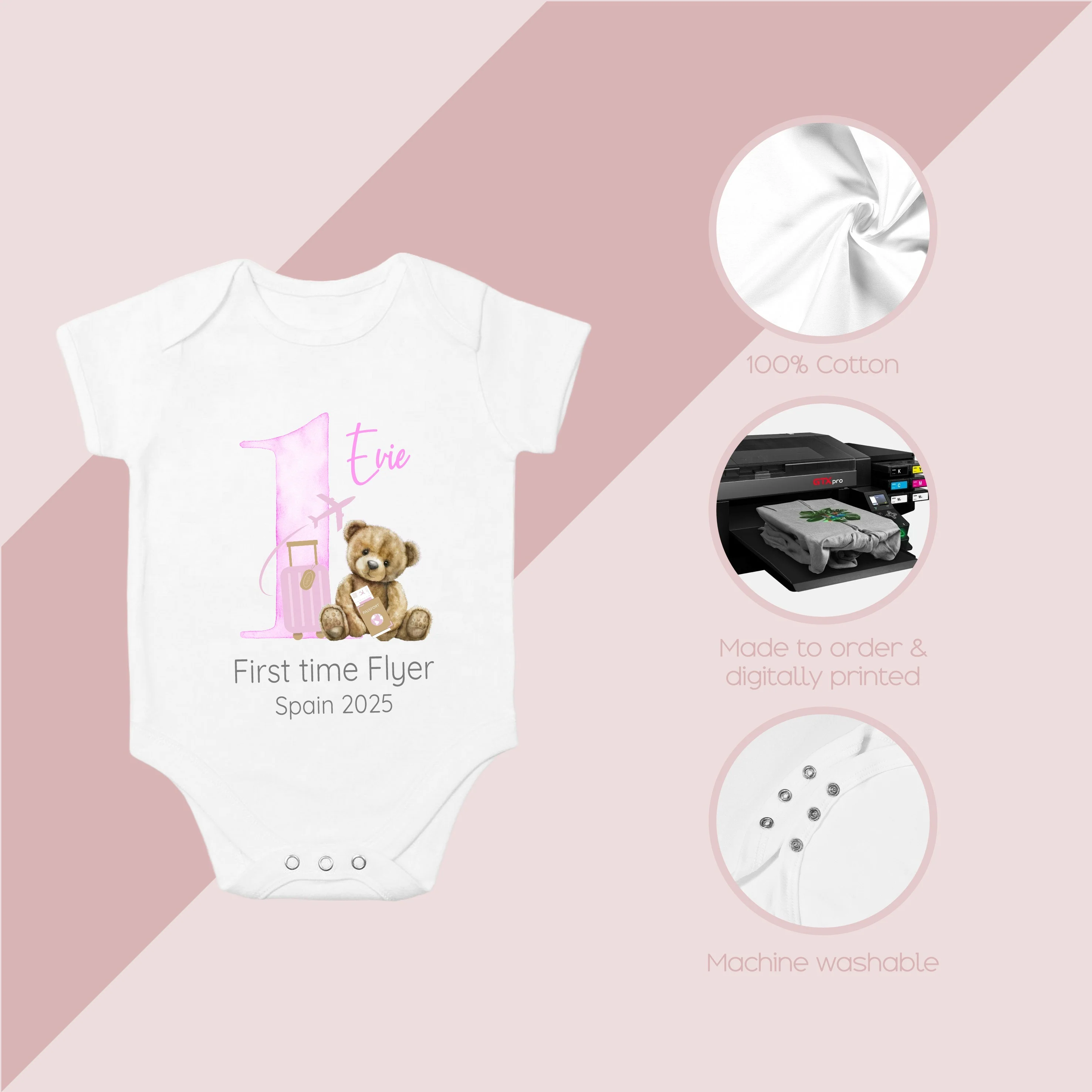 Personalised Pink Teddy Suitcase 1st Time Flyer Baby Vest/T-shirt - Image 6