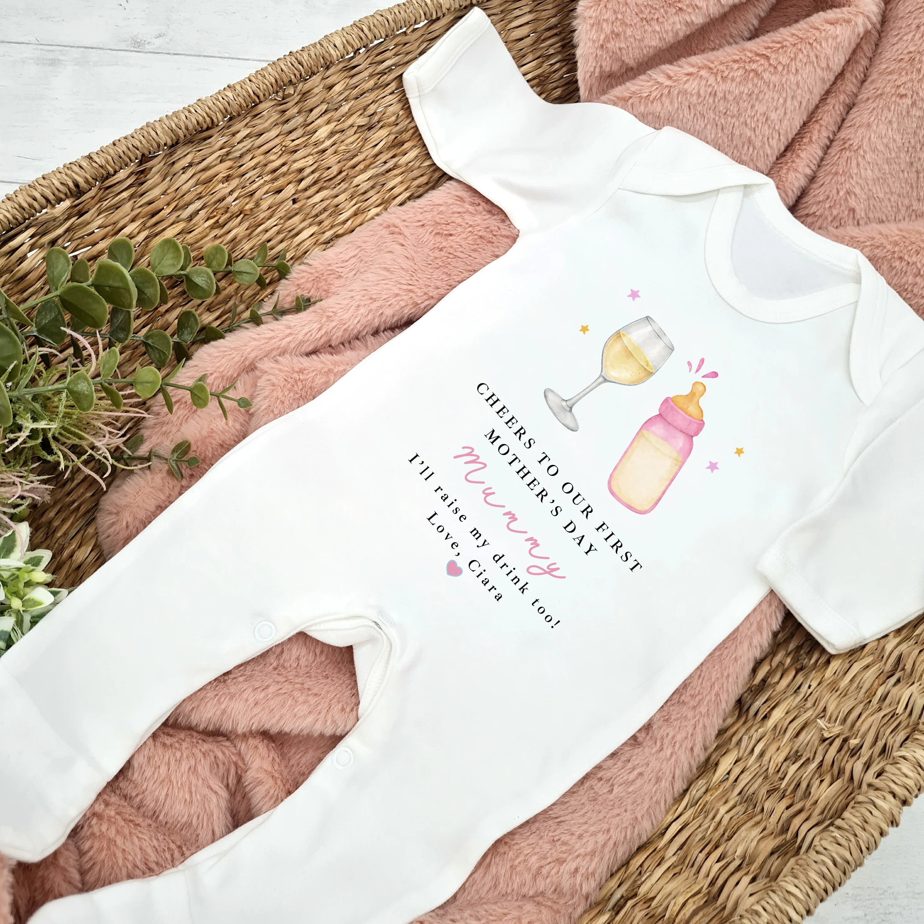 Personalised Pink Wine Cheers Our First Mother's Day Baby Grow, Vest or Bib - Image 2