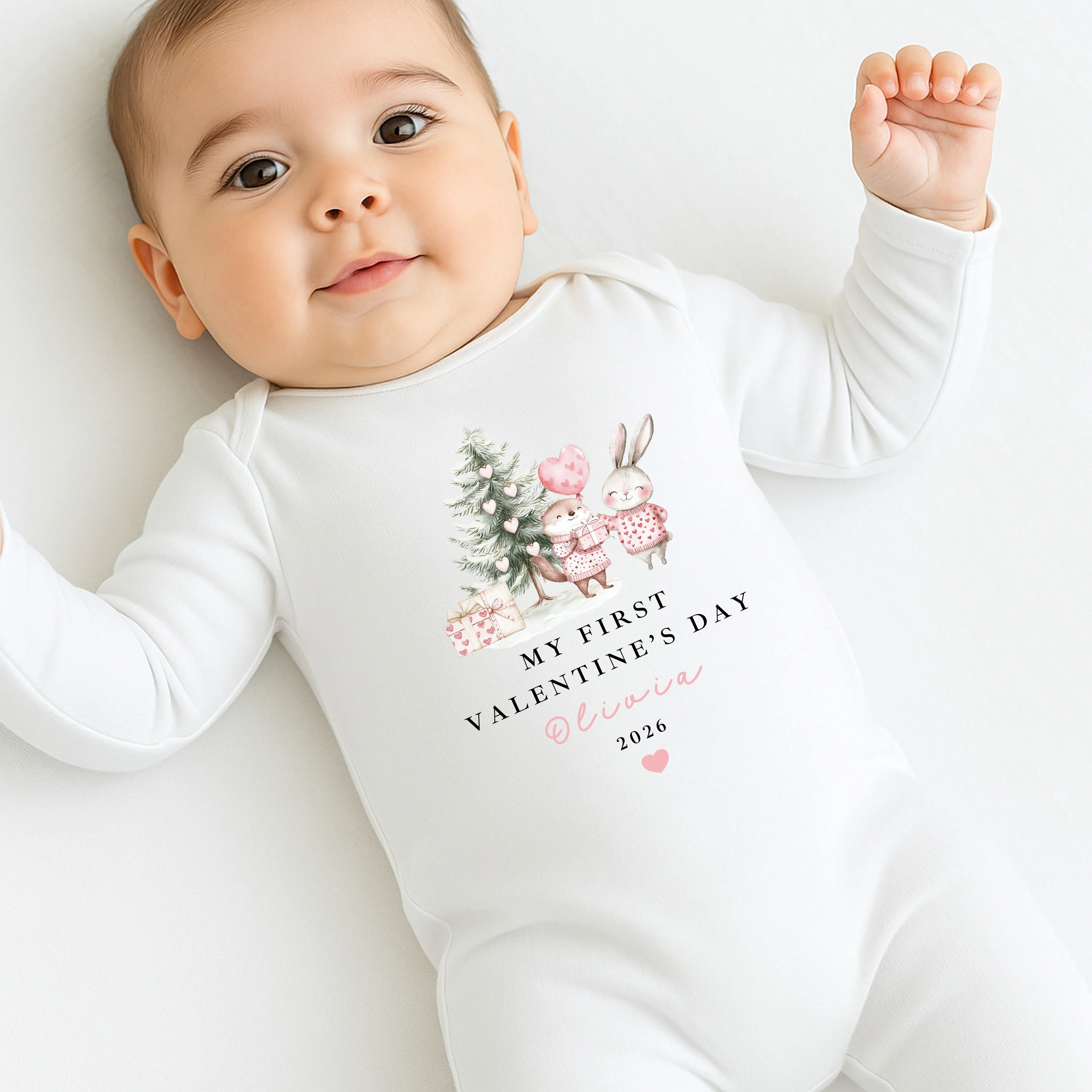 Personalised Pink Woodlands My First Valentines Day Baby Grow, Vest or Bib - Image 2