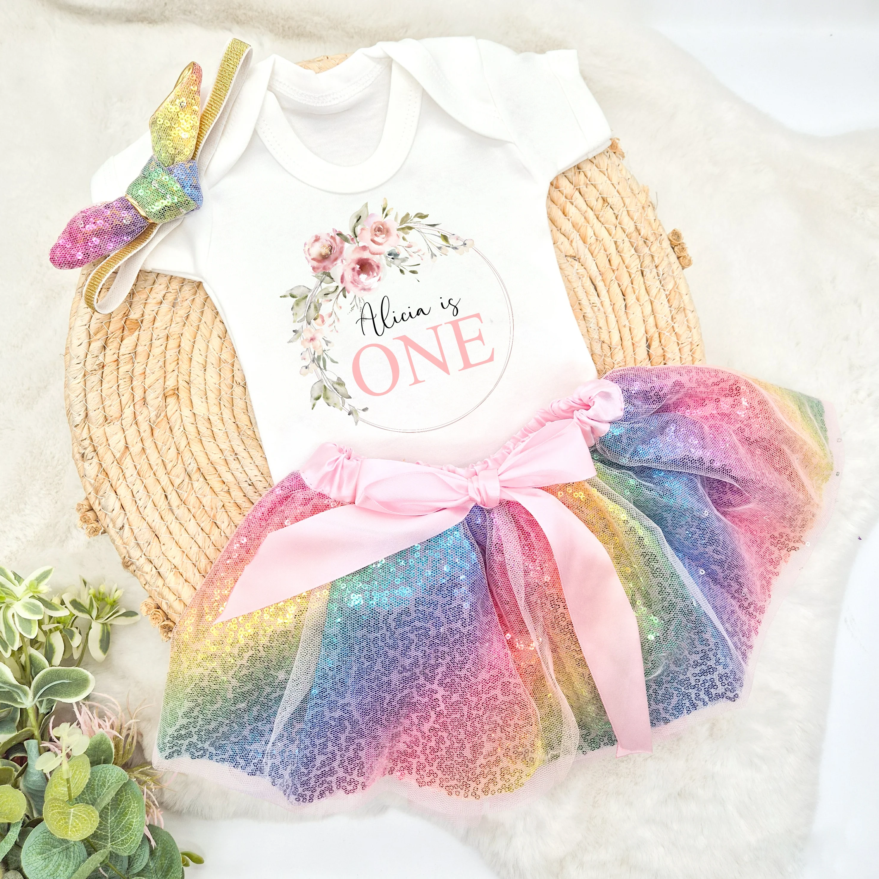 Personalised Pink Wreath First Birthday Vest and Tutu Set - Image 4