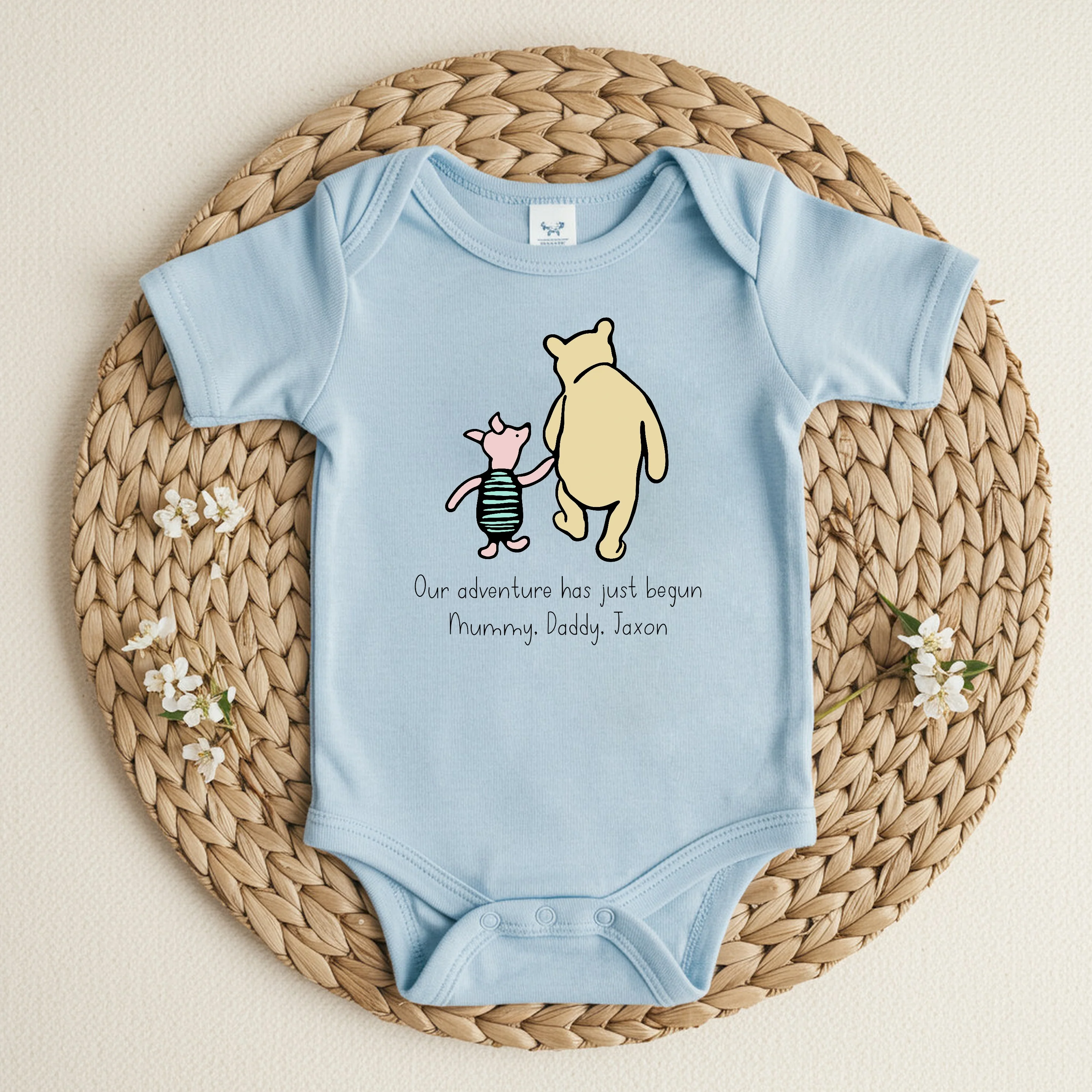 Personalised Pooh Bear Adventure Begins Blue Babygrow/Vest