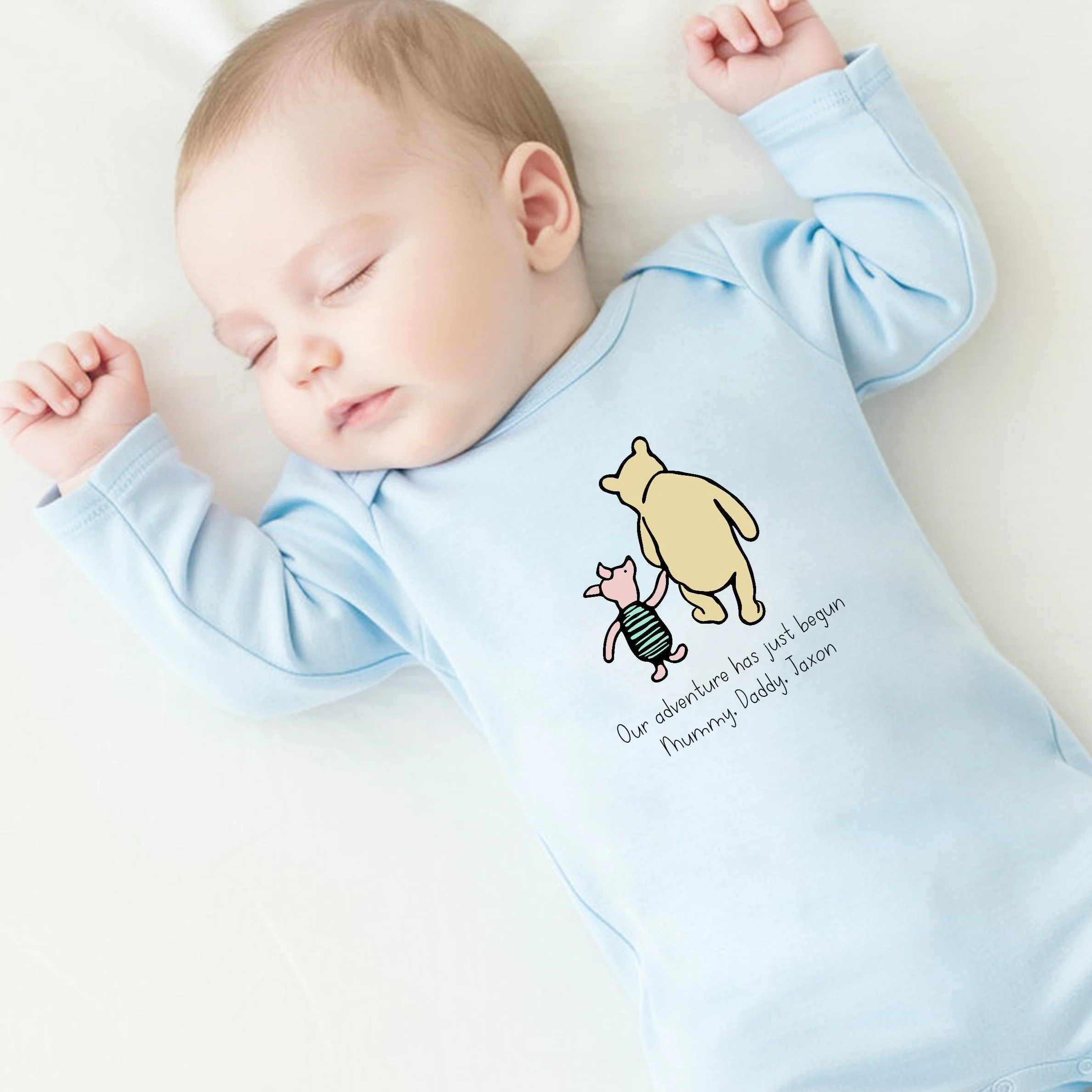 Personalised Pooh Bear Adventure Begins Blue Babygrow/Vest - Image 2