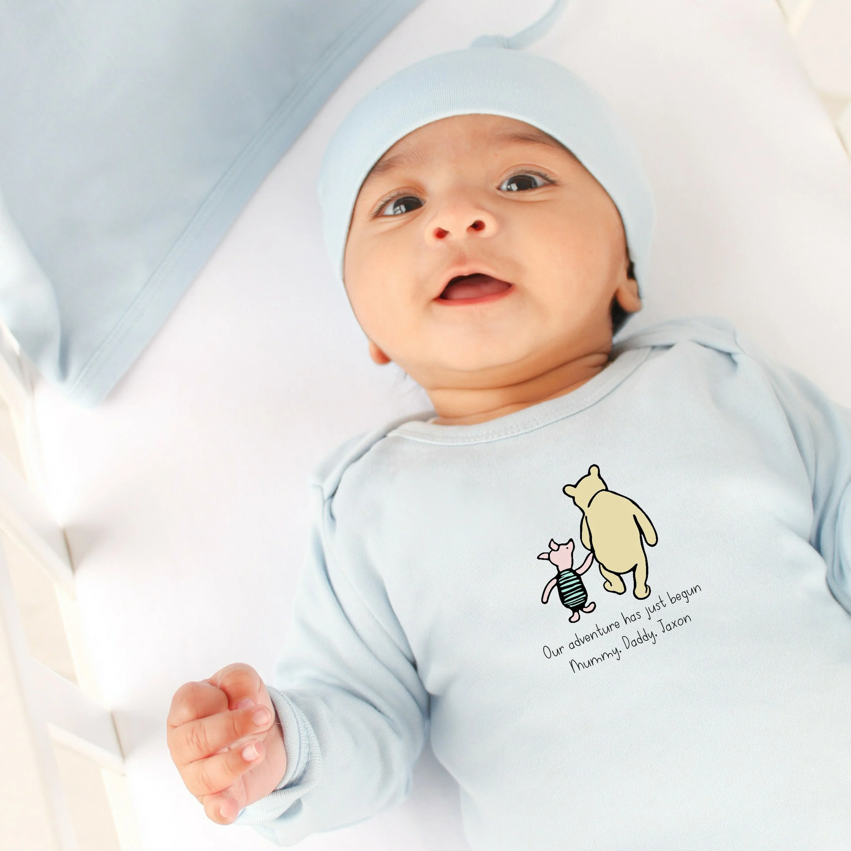 Personalised Pooh Bear Adventure Begins Blue Babygrow/Vest - Image 3