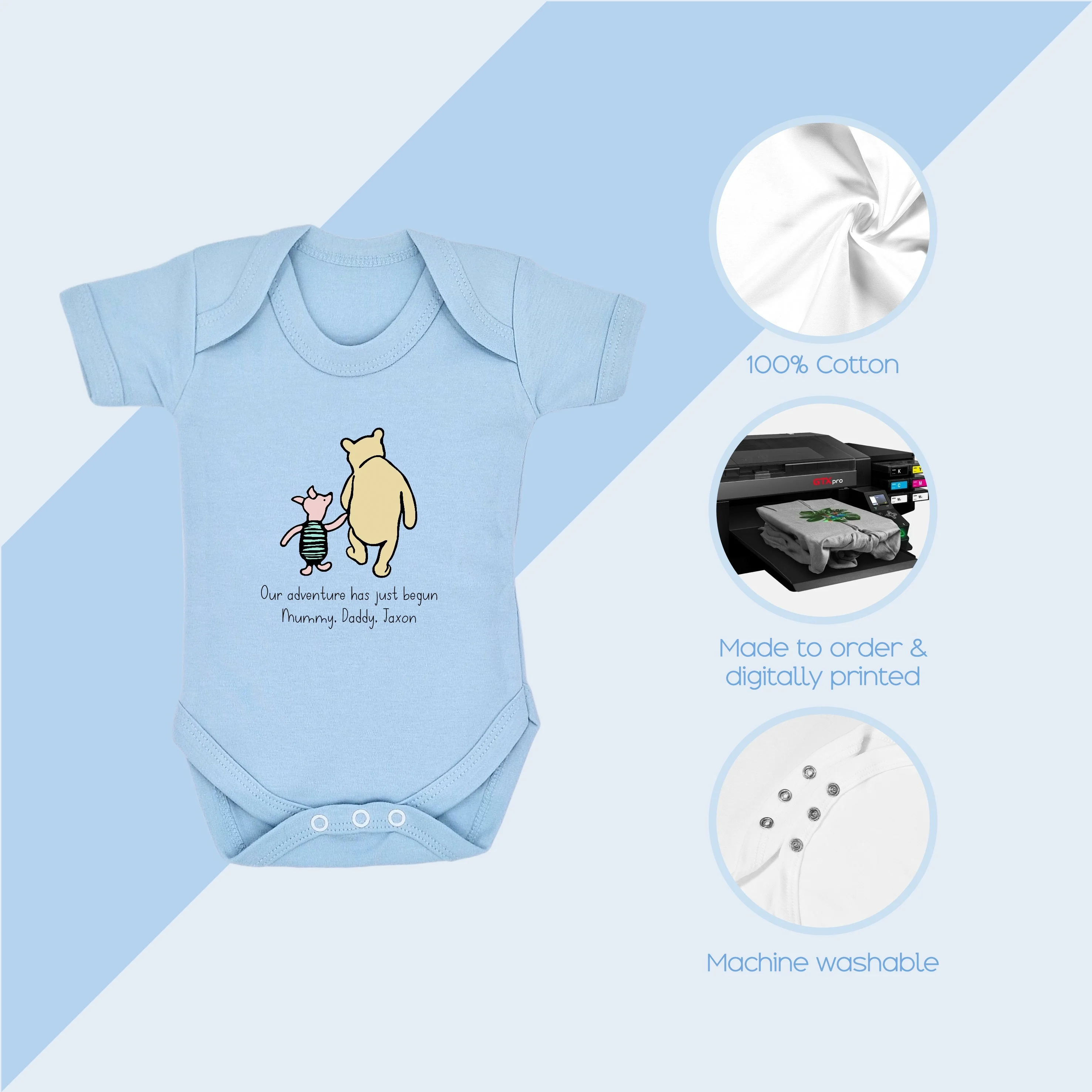 Personalised Pooh Bear Adventure Begins Blue Babygrow/Vest - Image 4