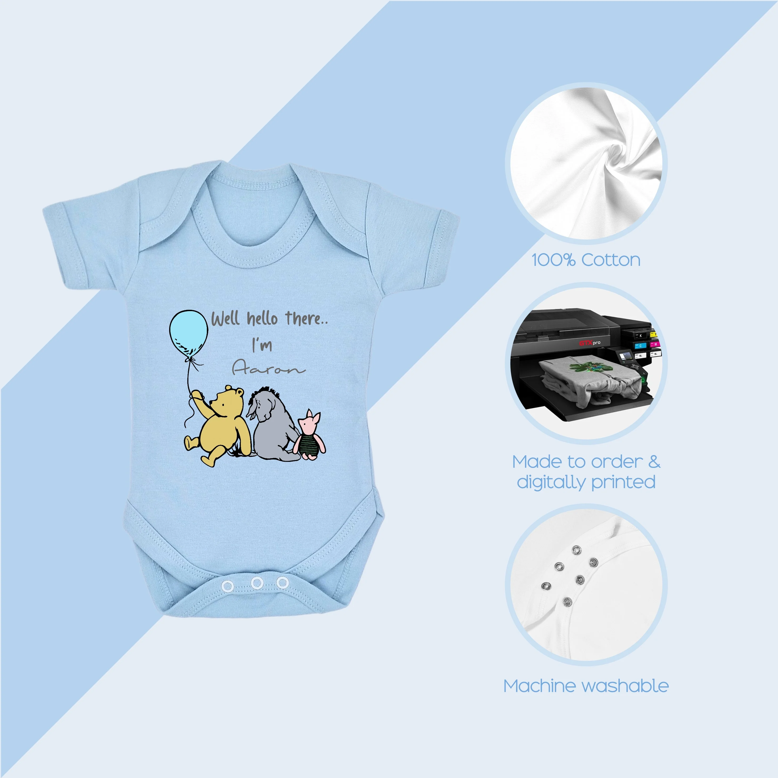 Personalised Pooh Bear Blue Babygrow/Vest - Image 3