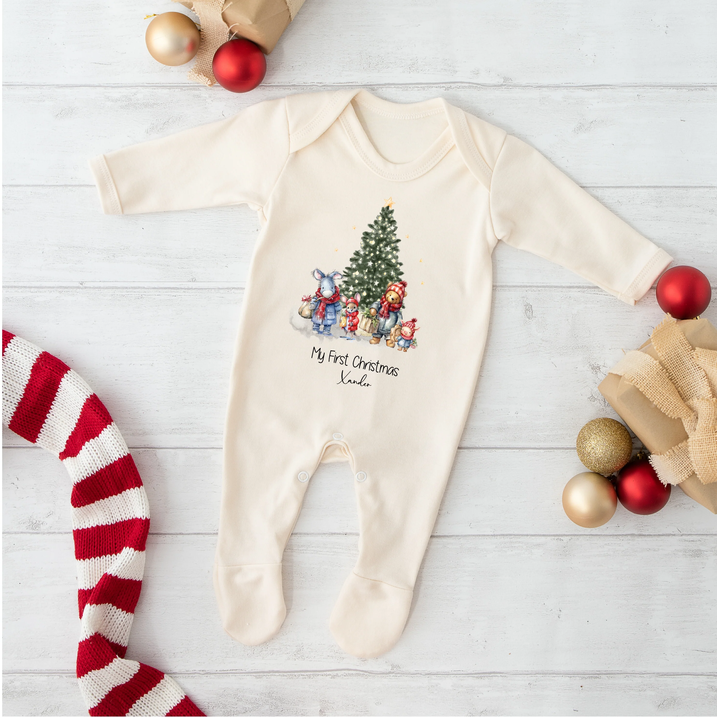 Personalised Pooh Bear Christmas Scene Sibling Matching Pyjama/Babygrow - Image 2
