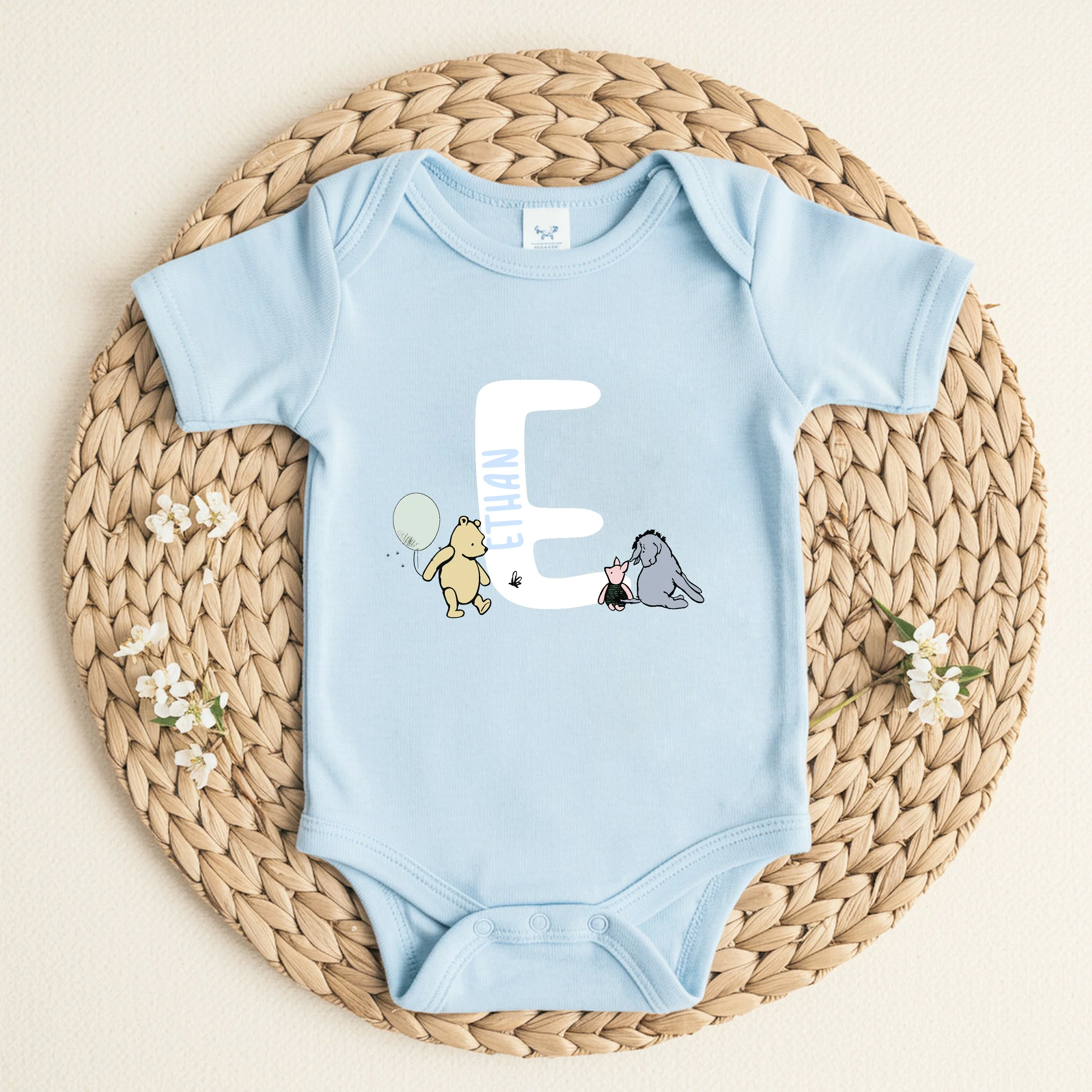 Personalised Pooh Bear Initial Blue Babygrow/Vest - Image 2