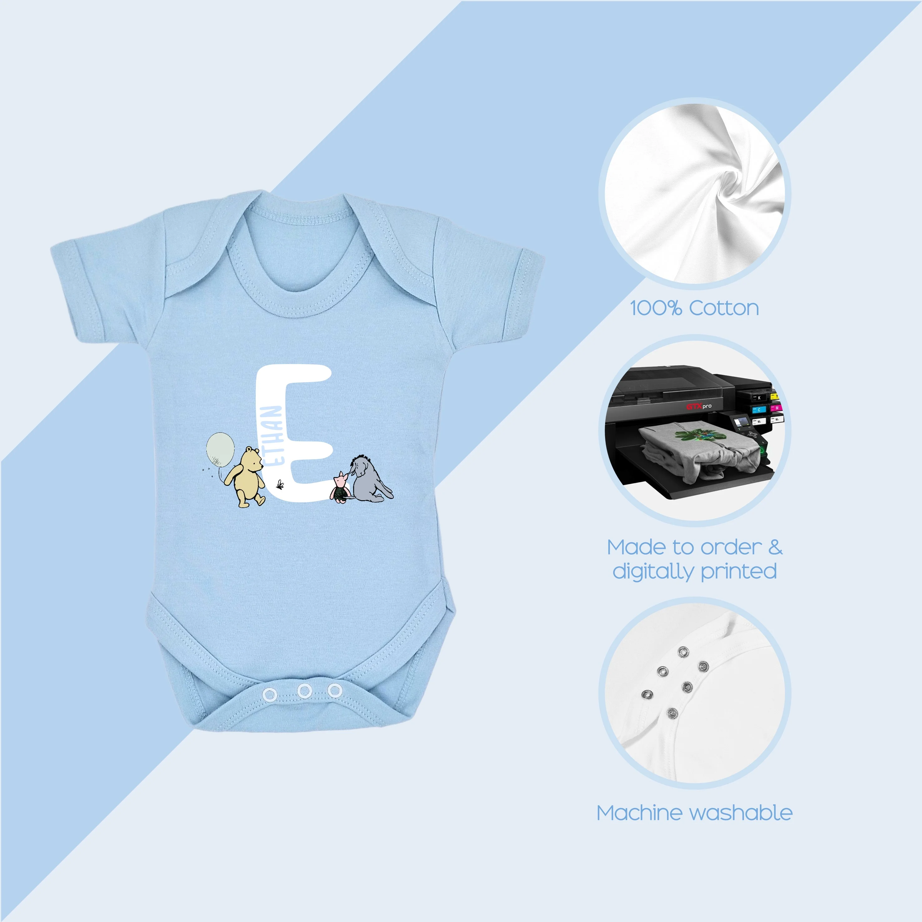 Personalised Pooh Bear Initial Blue Babygrow/Vest - Image 4