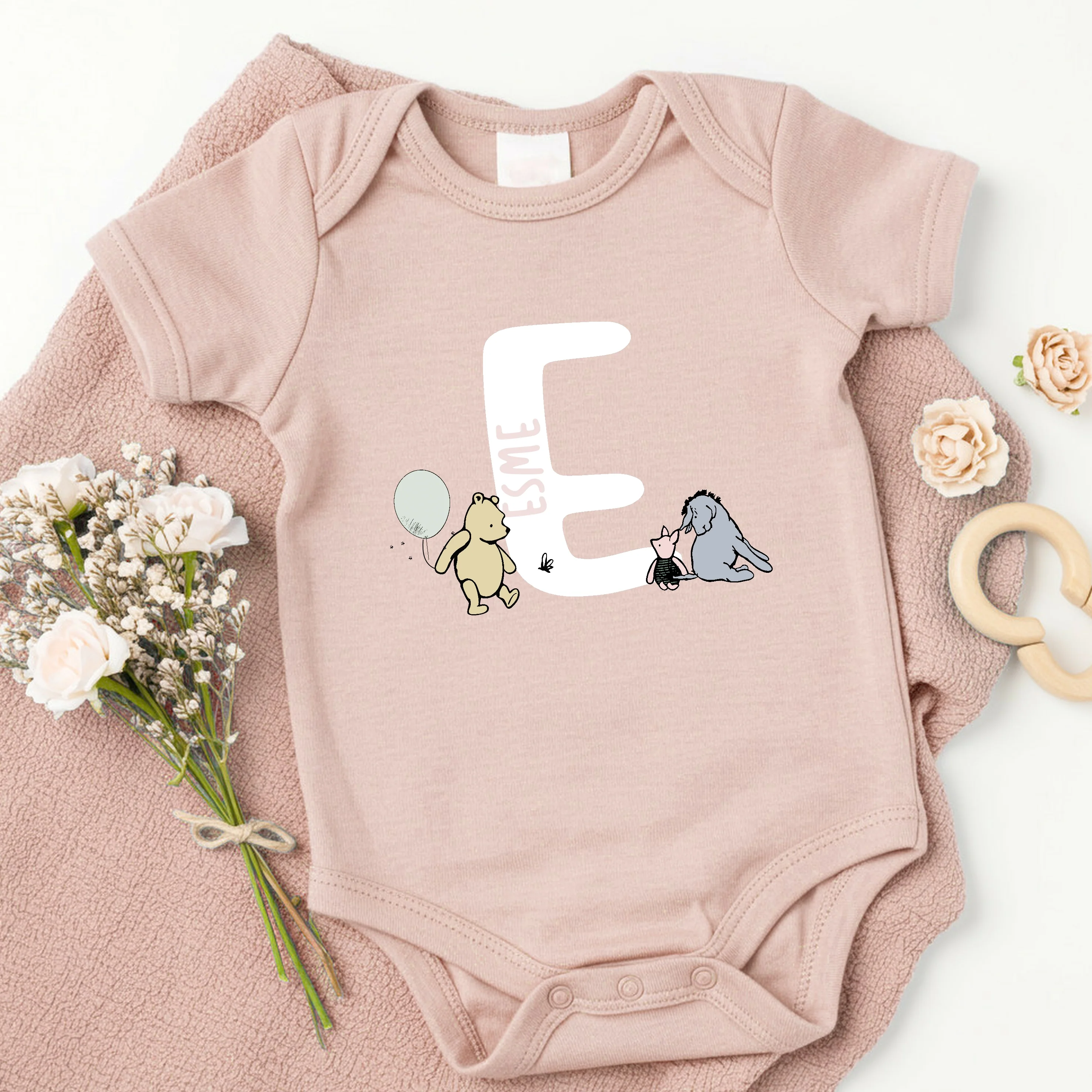 Personalised Pooh Bear Initial Pink Babygrow With Optional Matching Acessories - Image 2