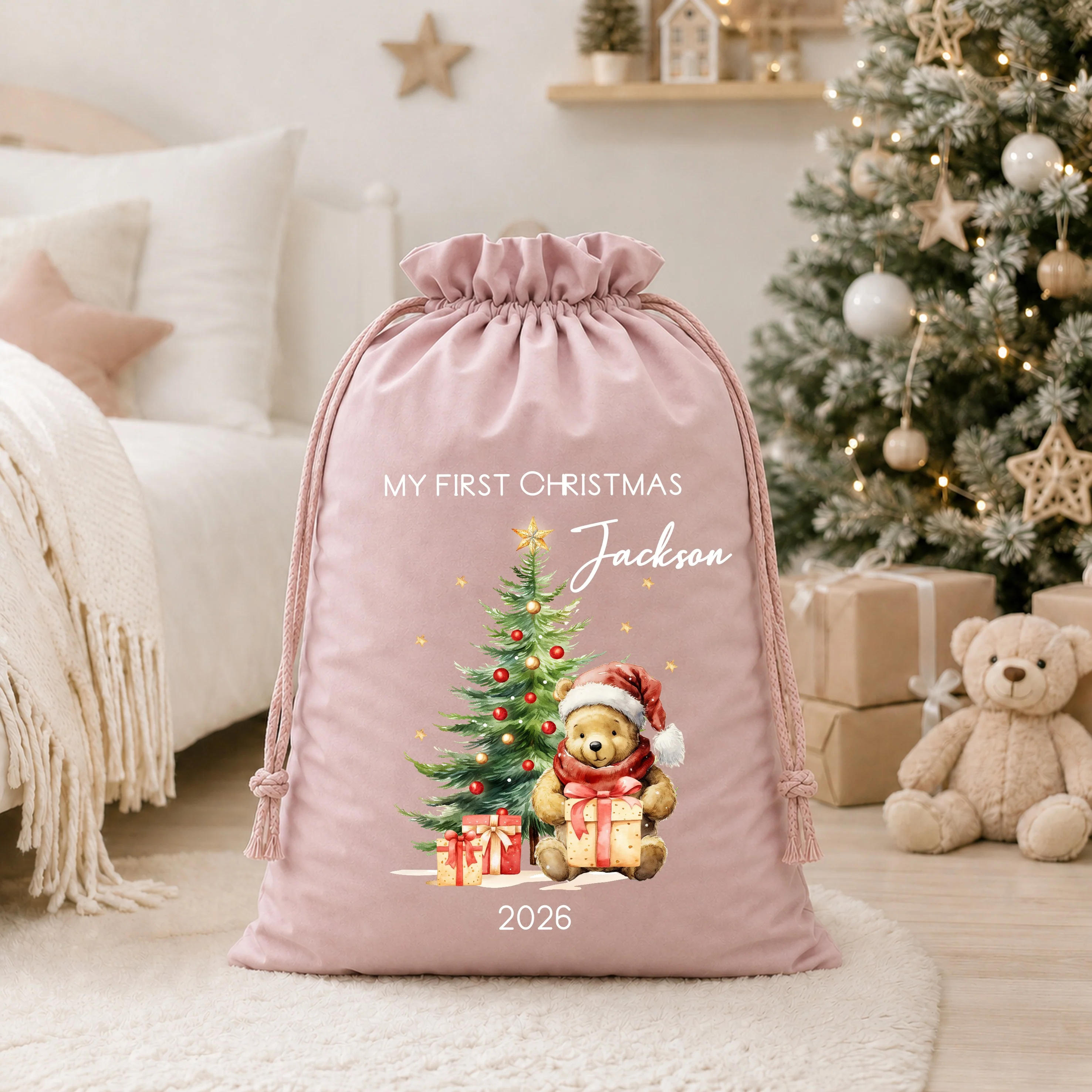 Personalised Pooh Bear My First Christmas Tree Stocking or Santa Sack - Image 7