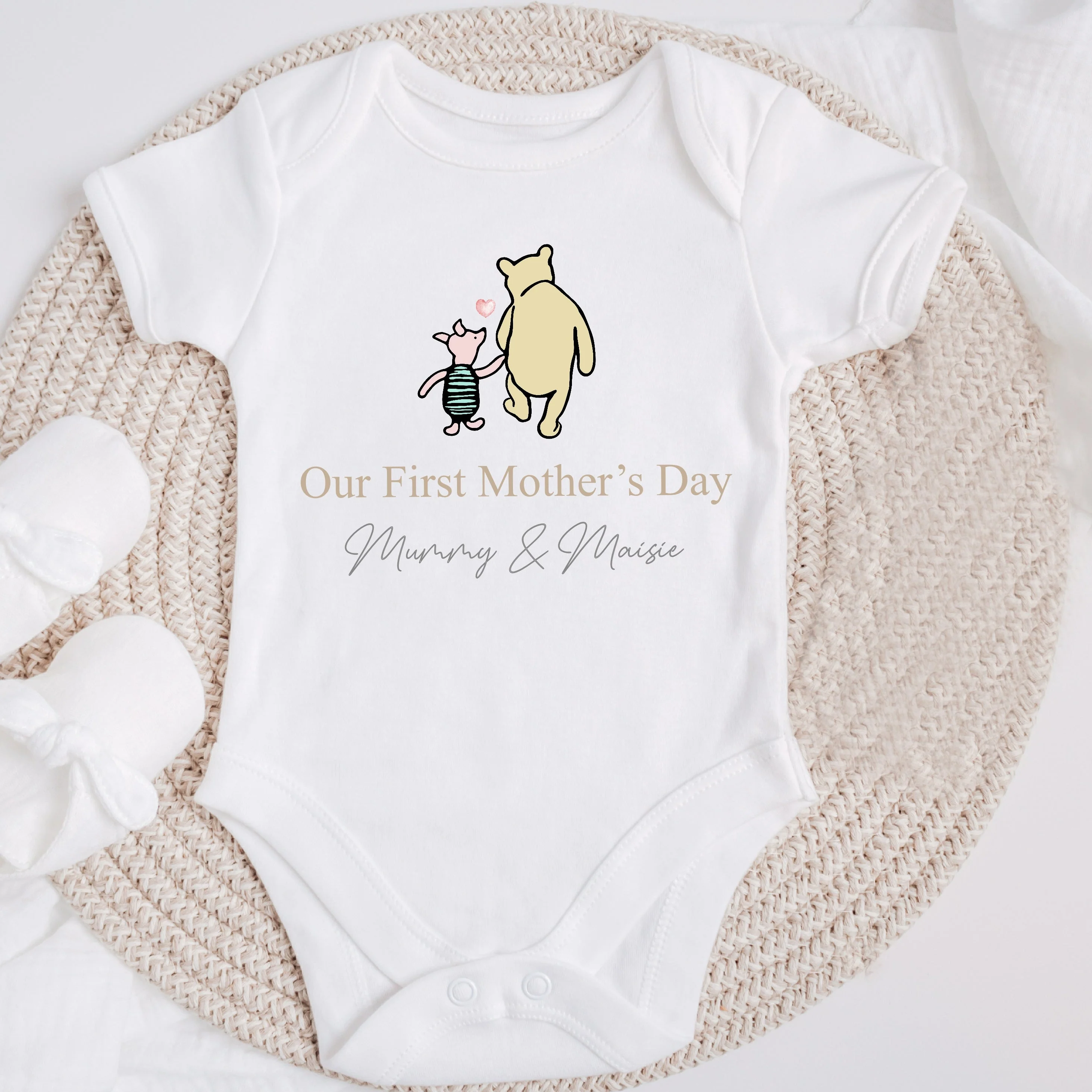 Personalised Pooh Bear Our First Mother's Day Baby Grow or Vest - Image 2