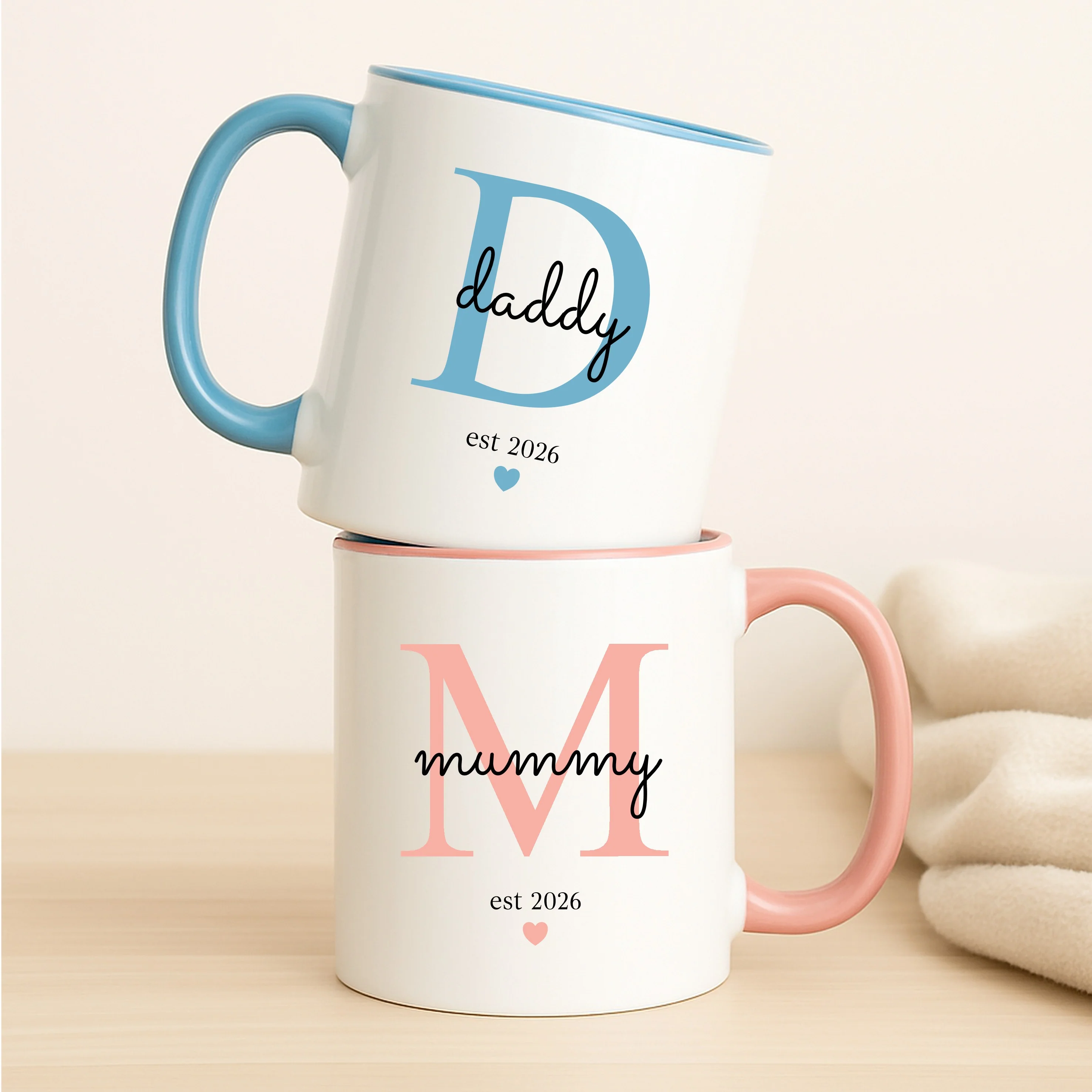 Personalised Promoted To Mummy & Daddy Est Pink & Blue Mug Set