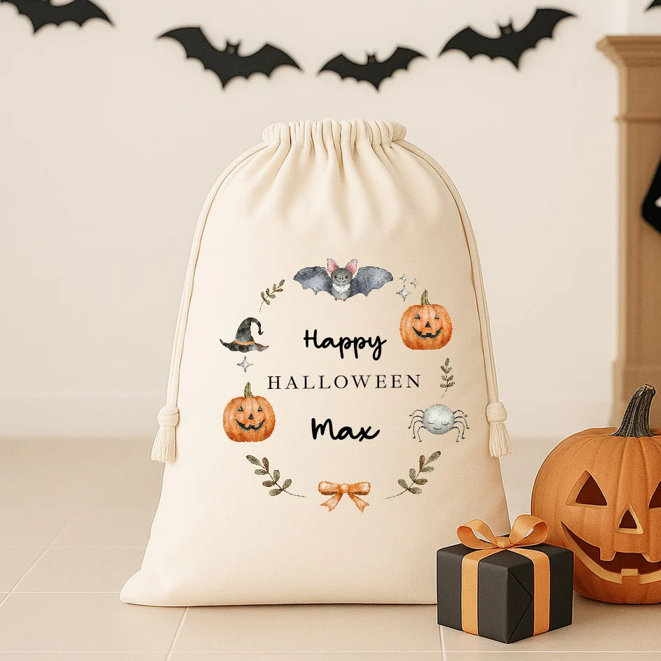 Personalised Pumpkin Wreath Halloween Treat Sack - Image 3
