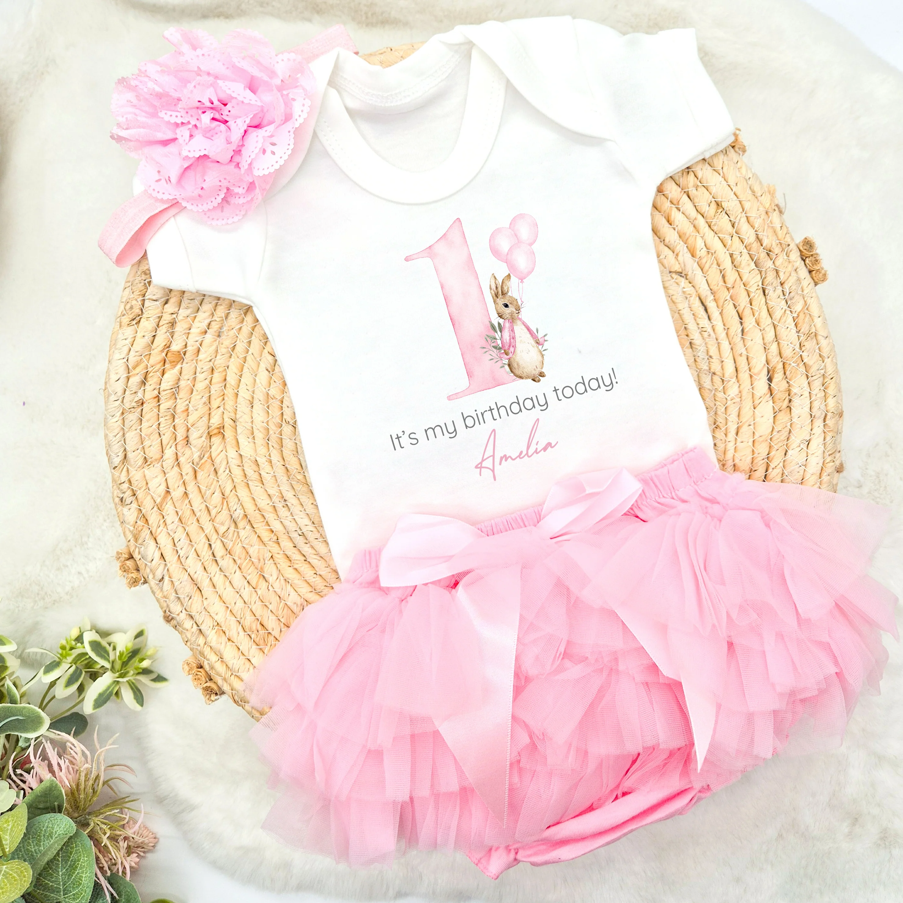 Personalised Rabbit Balloons First Birthday Vest and Tutu Set - Image 3