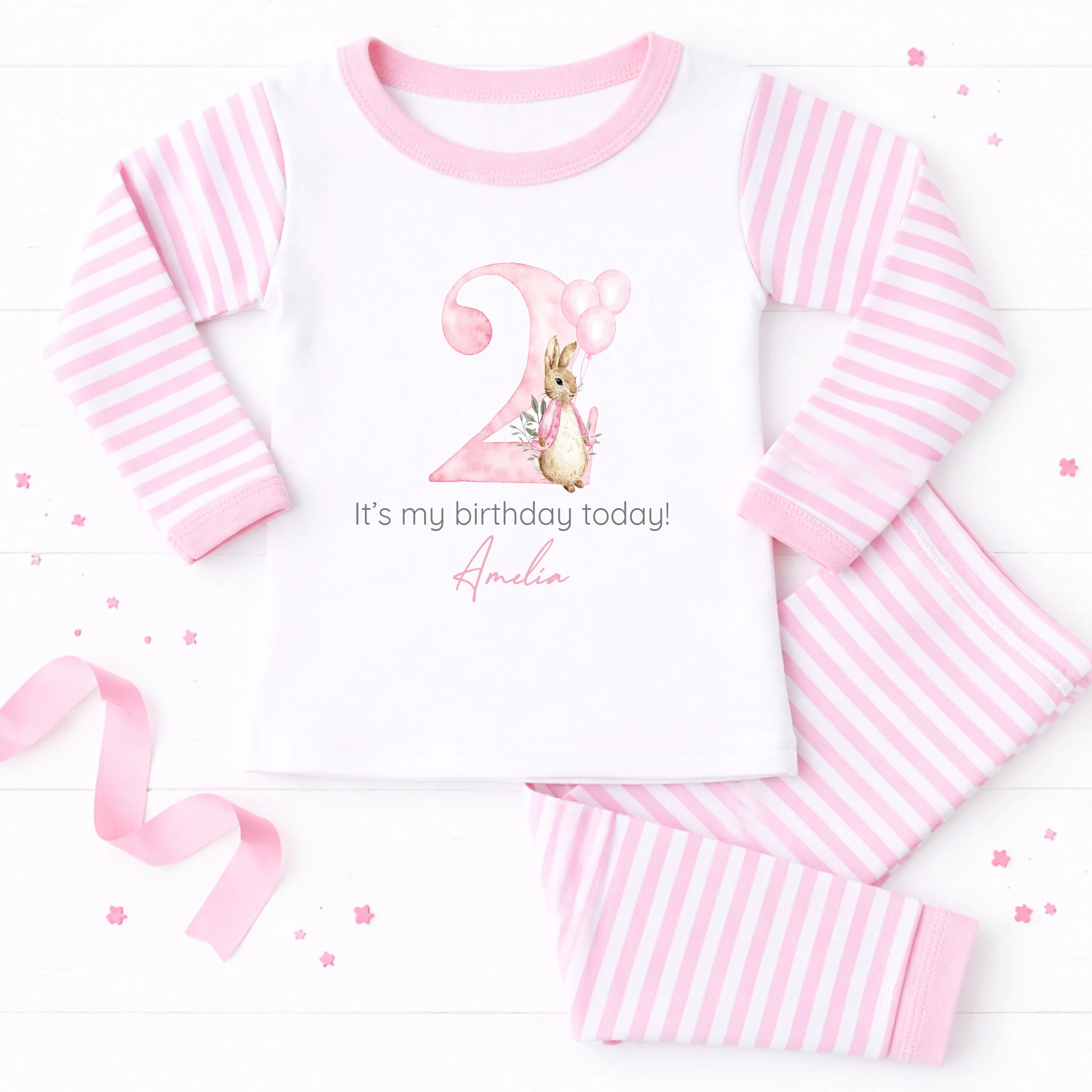 Personalised Rabbit Pink Stripe Birthday Pyjamas - Image 3