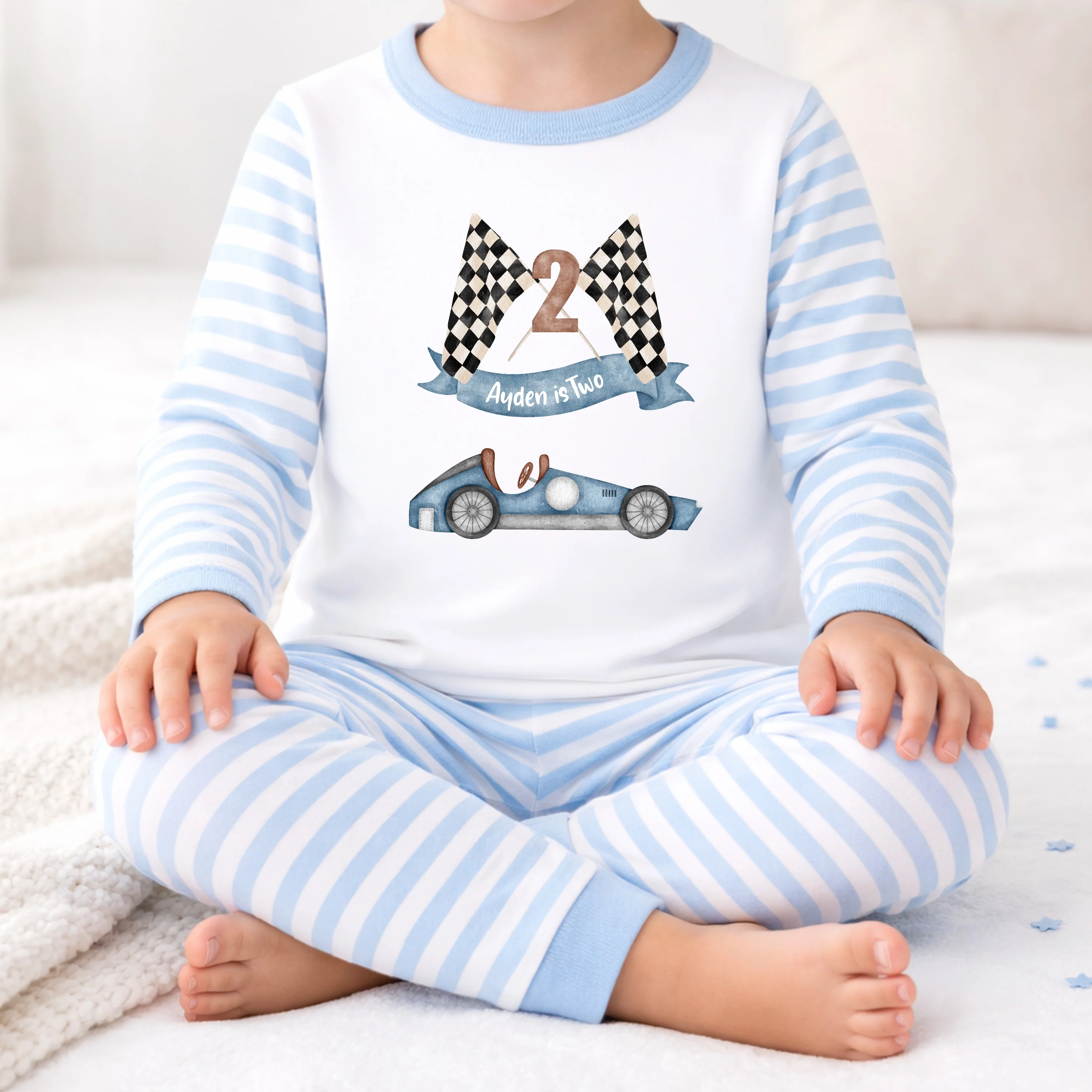 Personalised Racecar Blue Stripe Boys 2nd Birthday Pyjamas - Image 2