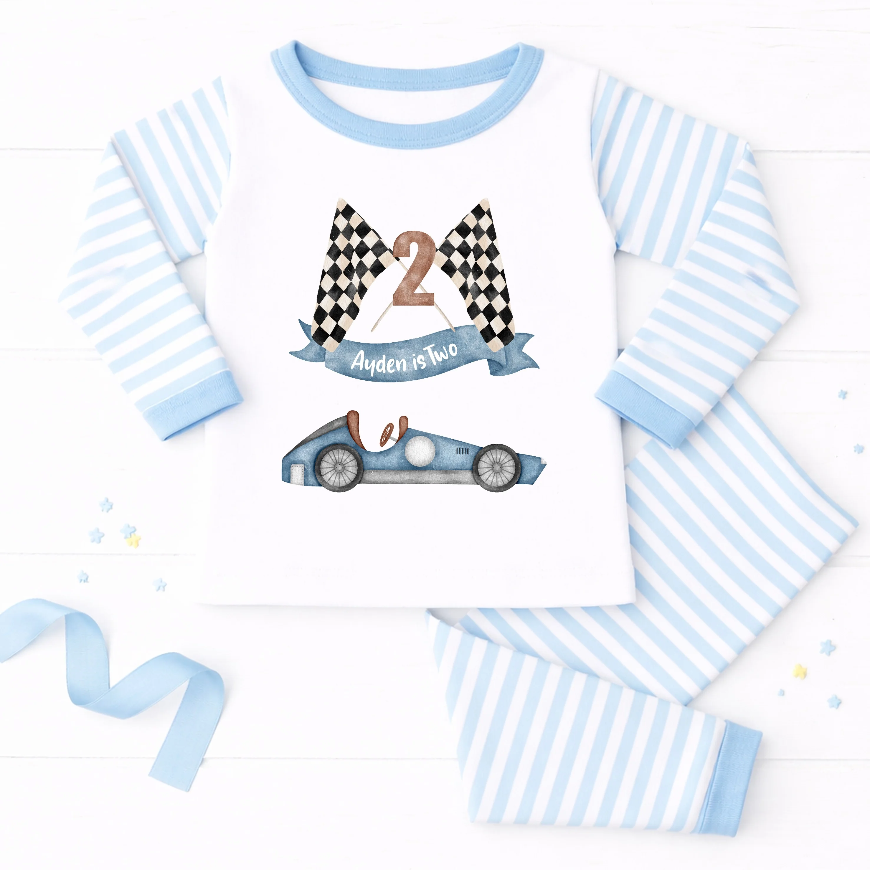Personalised Racecar Blue Stripe Boys 2nd Birthday Pyjamas - Image 3