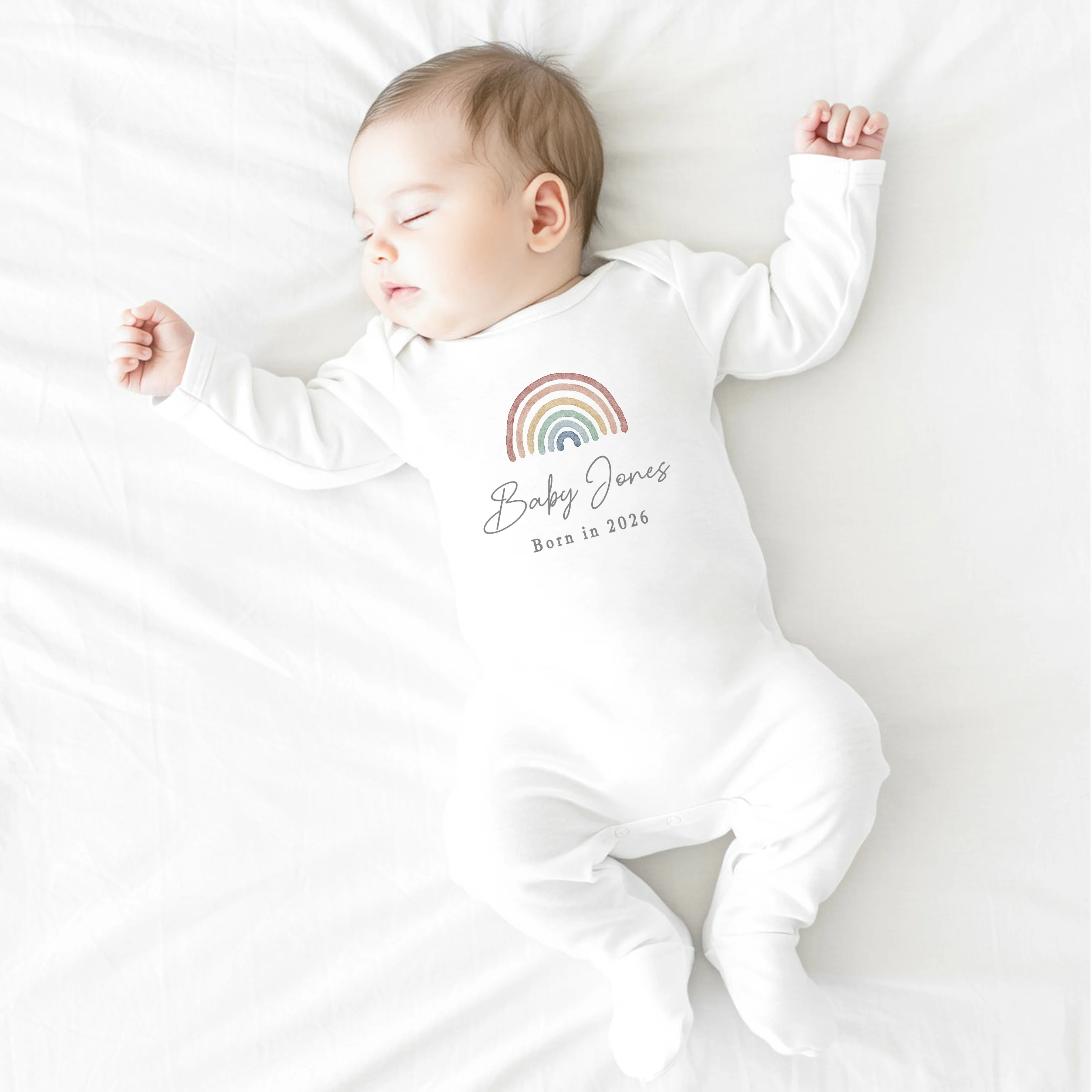 Personalised Rainbow Born in 2026 Baby Grow, Vest or Bib - Image 2