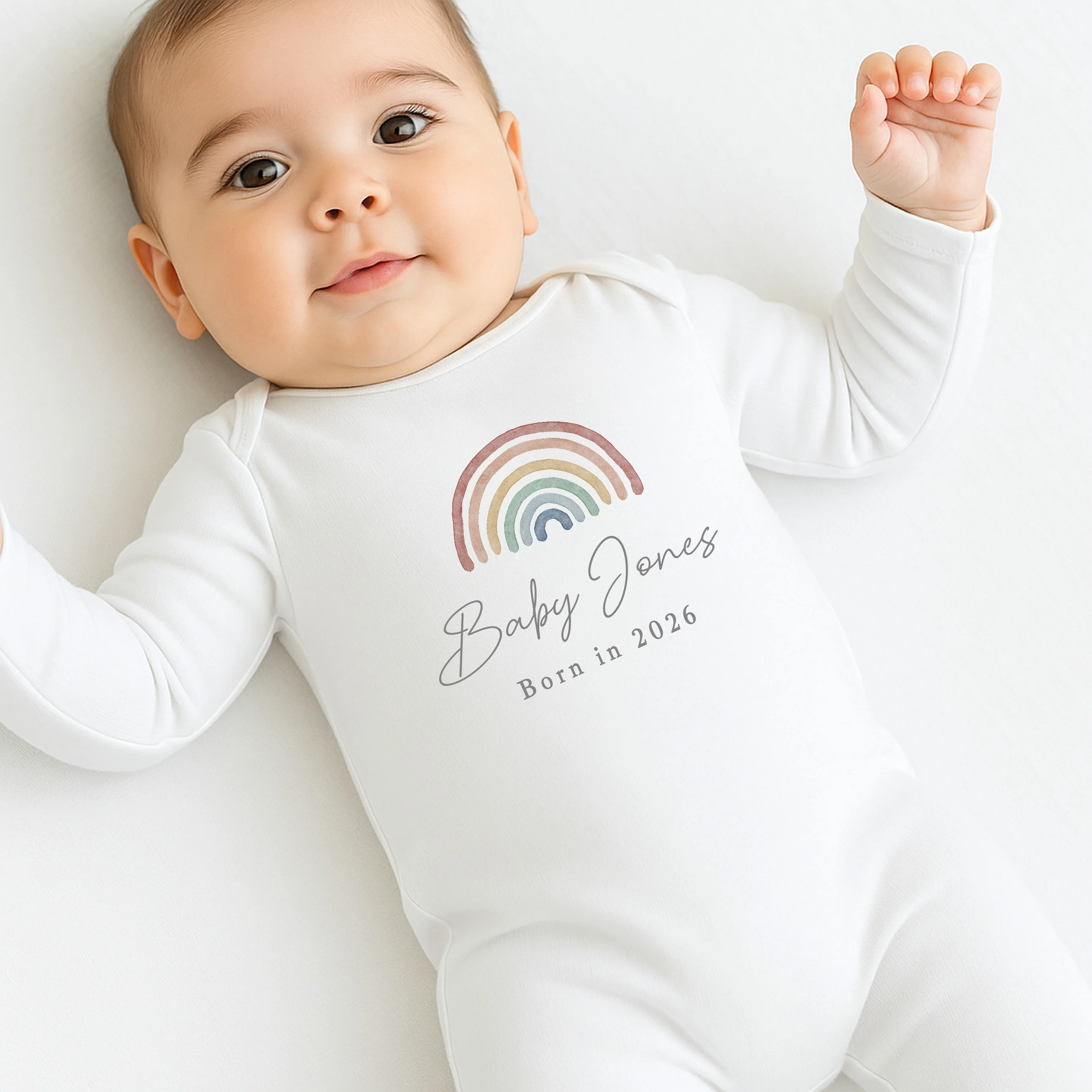 Personalised Rainbow Born in 2026 Baby Grow, Vest or Bib - Image 4