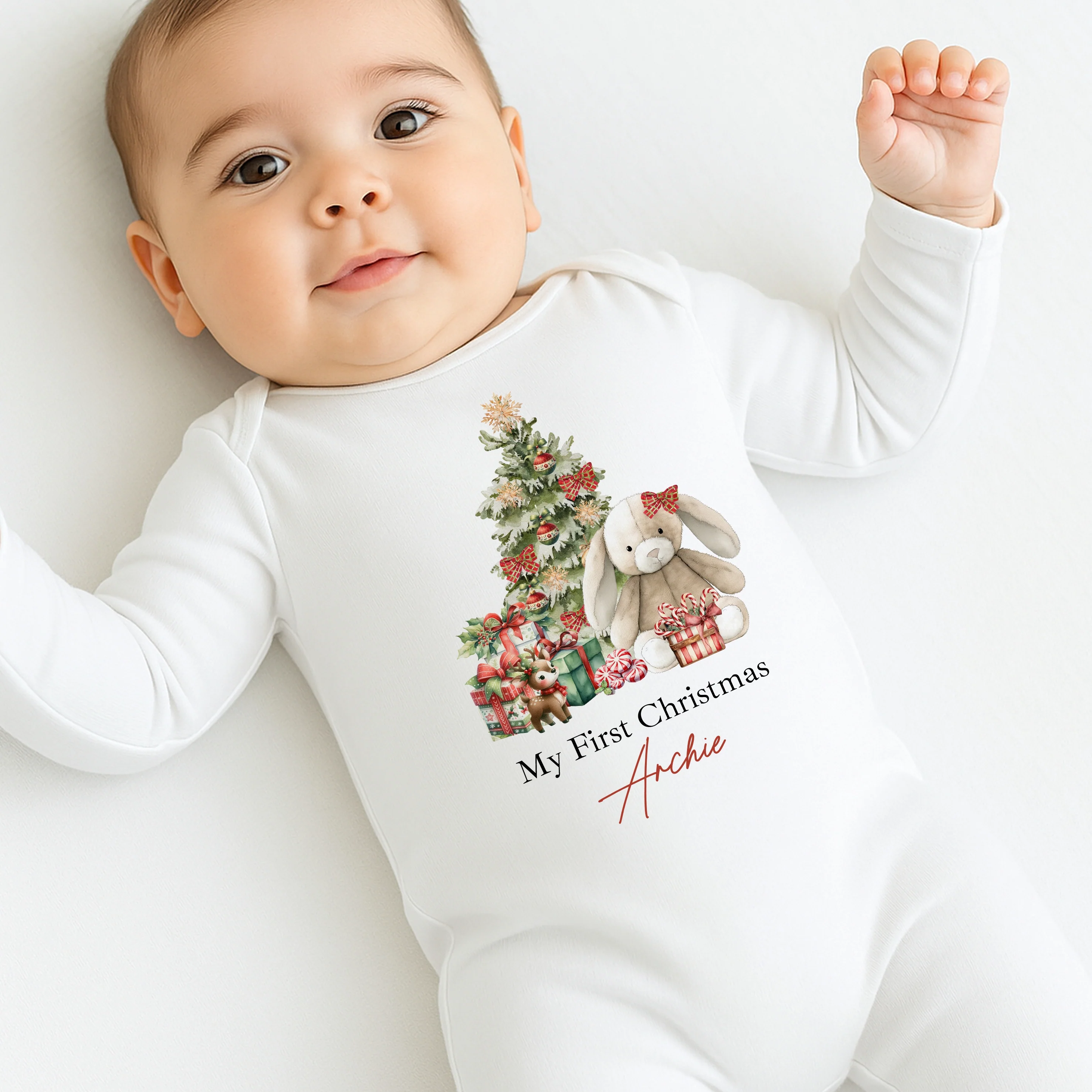 Personalised Red Bunny First Christmas Baby Grow/Vest/Bib - Image 2