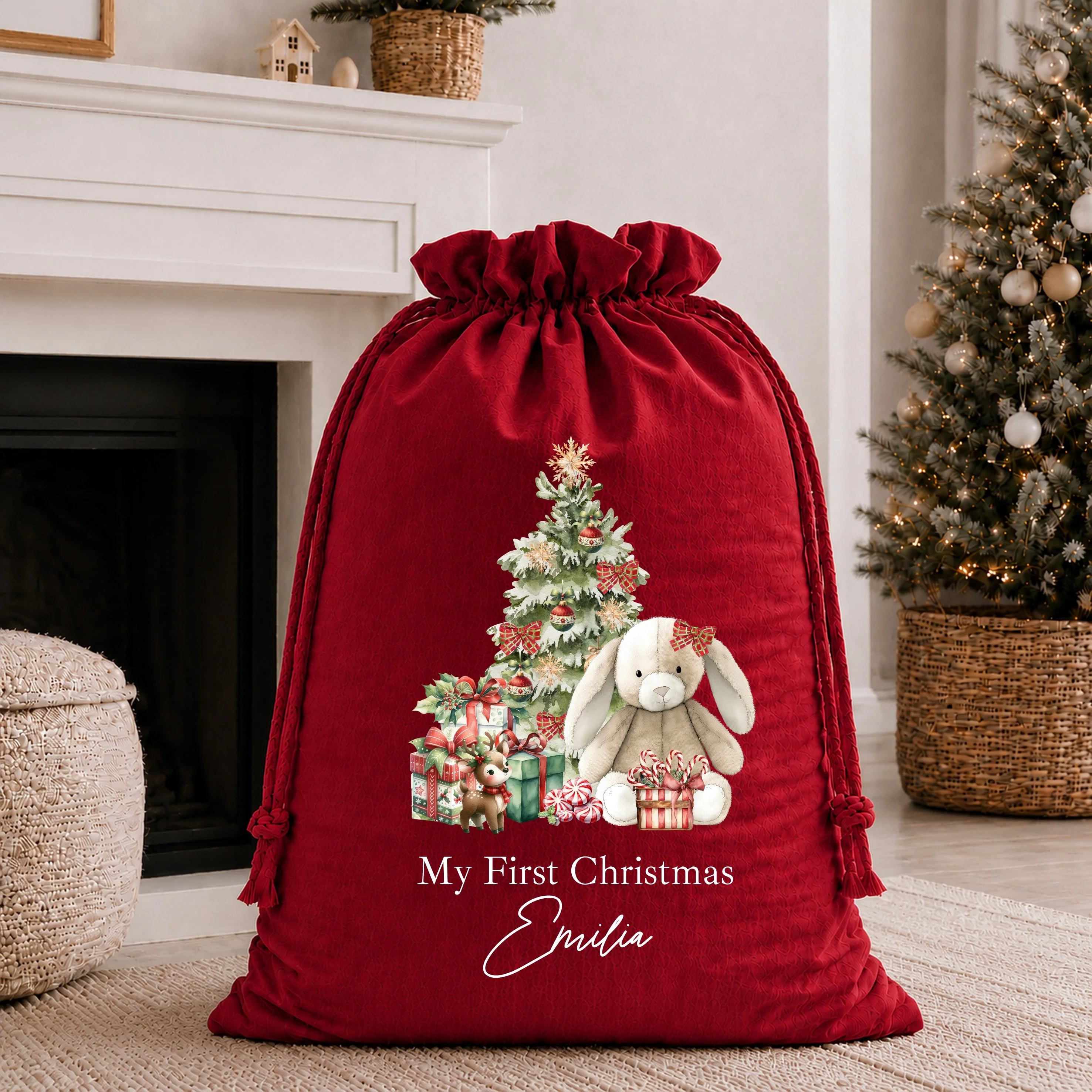 Personalised Red Bunny My First Christmas Stocking or Santa Sack - Image 2