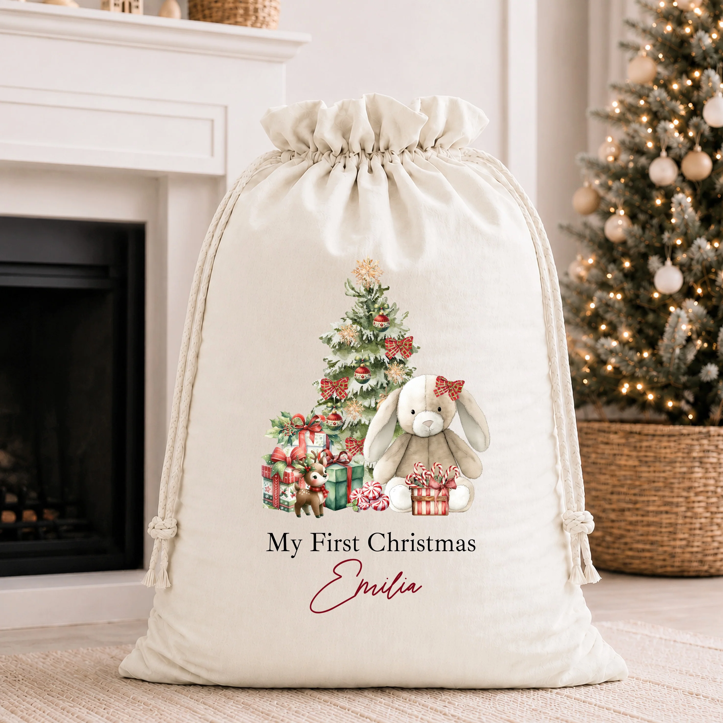 Personalised Red Bunny My First Christmas Stocking or Santa Sack - Image 3