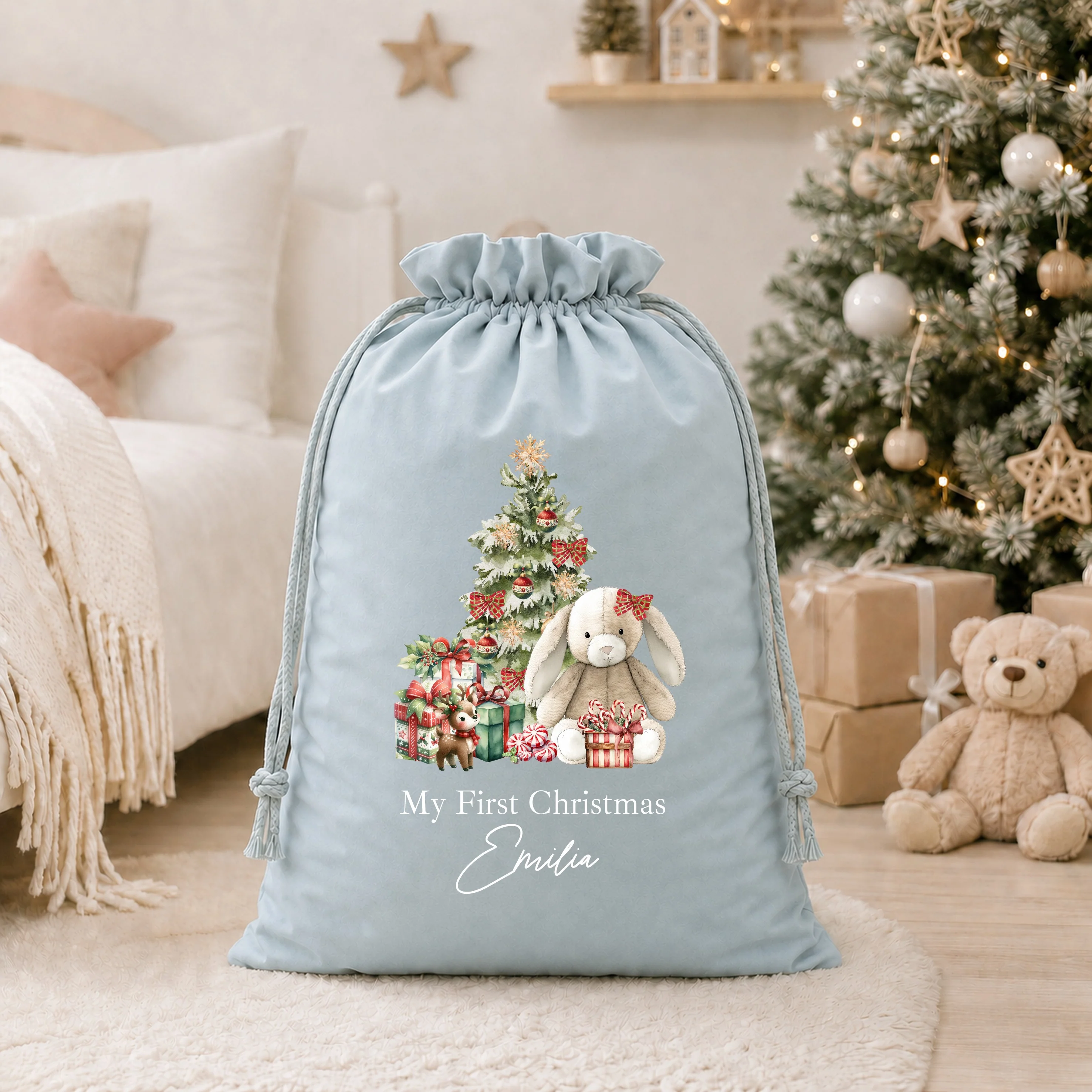 Personalised Red Bunny My First Christmas Stocking or Santa Sack - Image 7
