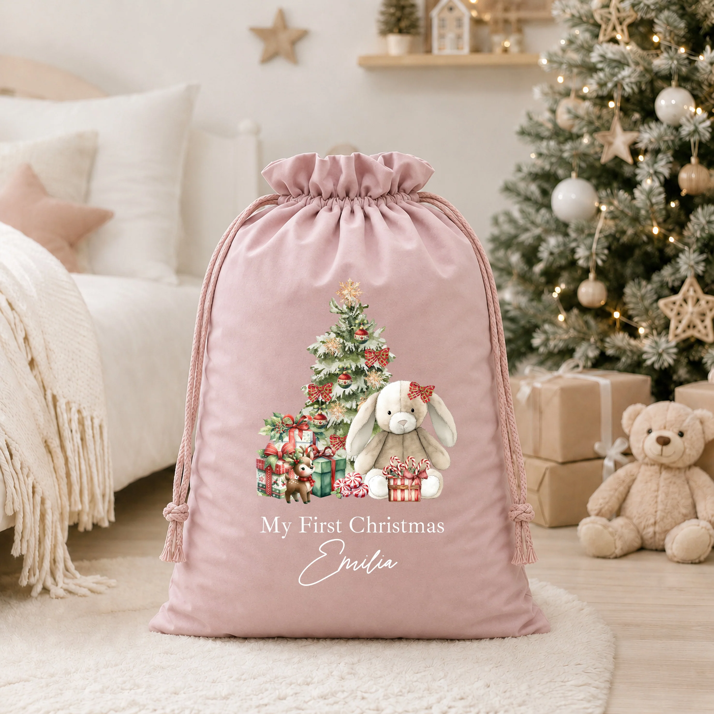 Personalised Red Bunny My First Christmas Stocking or Santa Sack - Image 9
