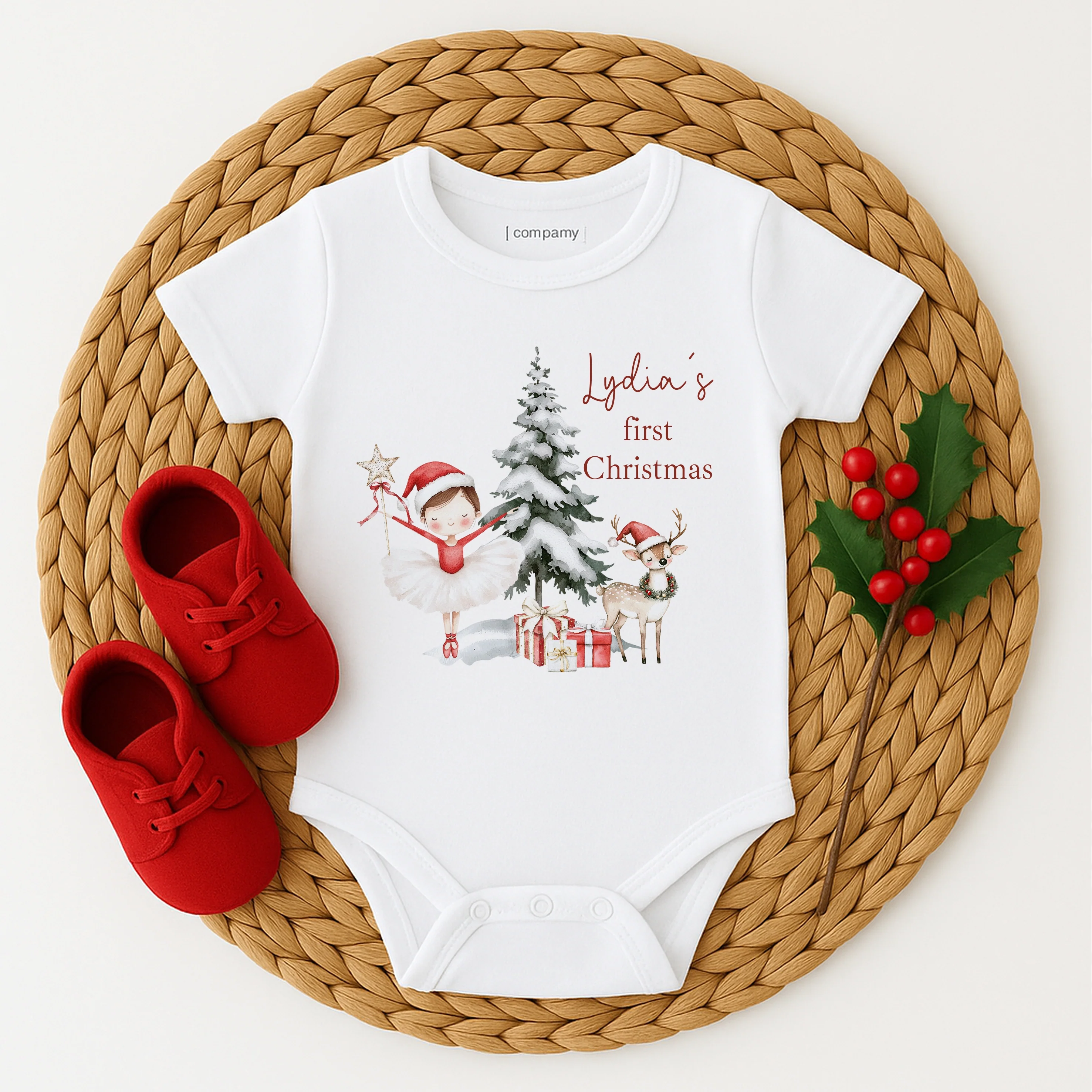 Personalised Red Girl Nutrcaker First Christmas Baby Grow/Vest/Bib