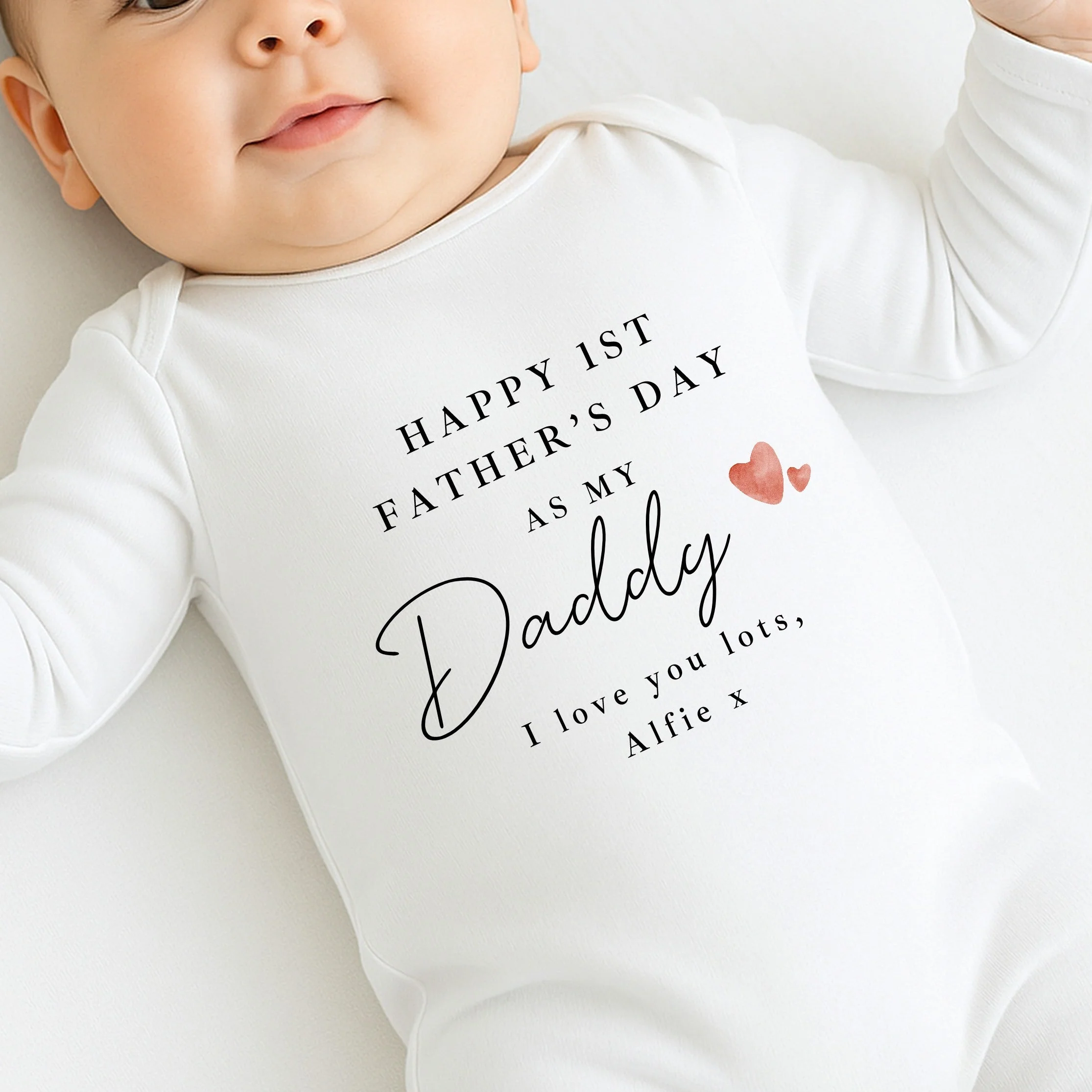 Personalised Red Hearts Our First Father's Day Baby Grow or Vest
