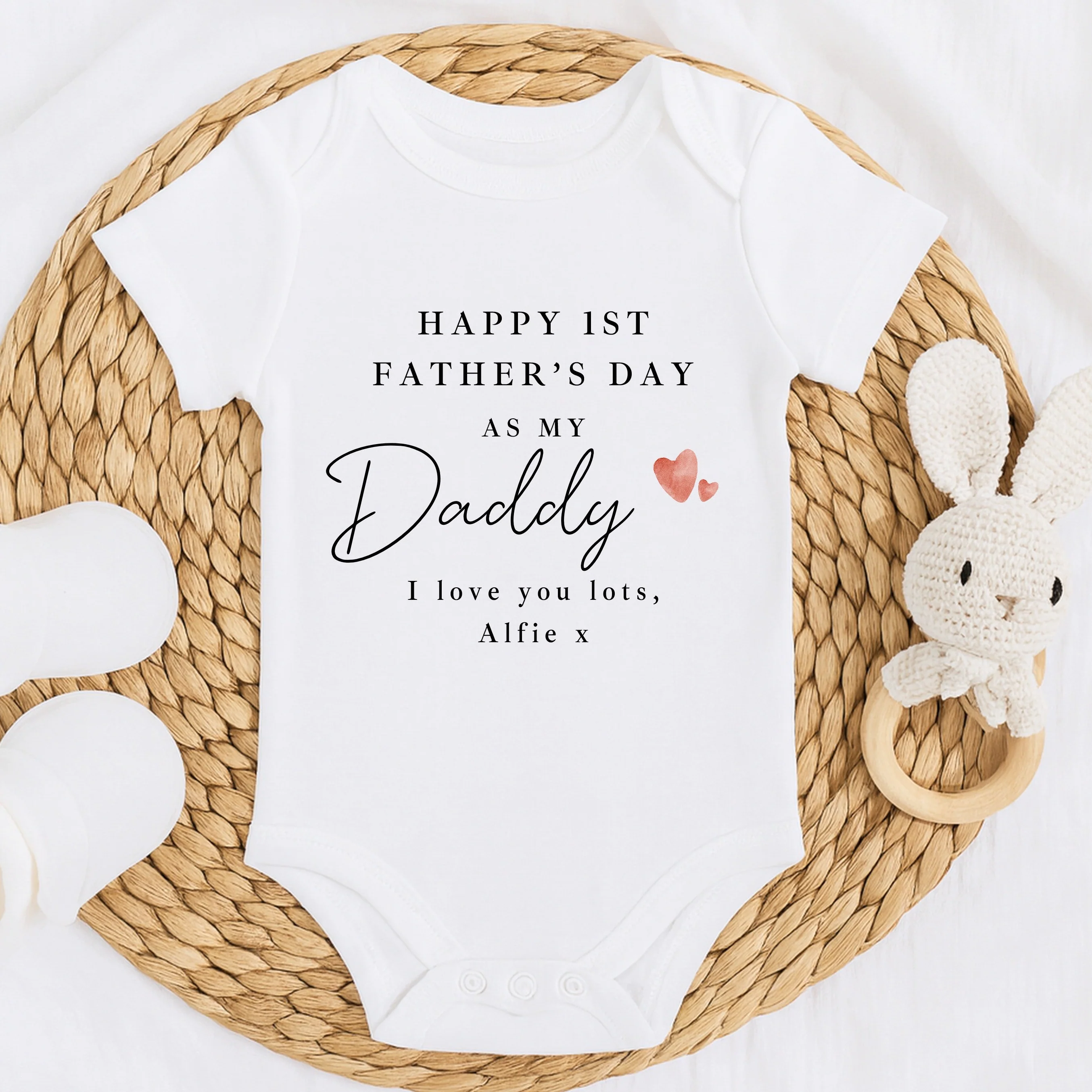 Personalised Red Hearts Our First Father's Day Baby Grow or Vest - Image 2