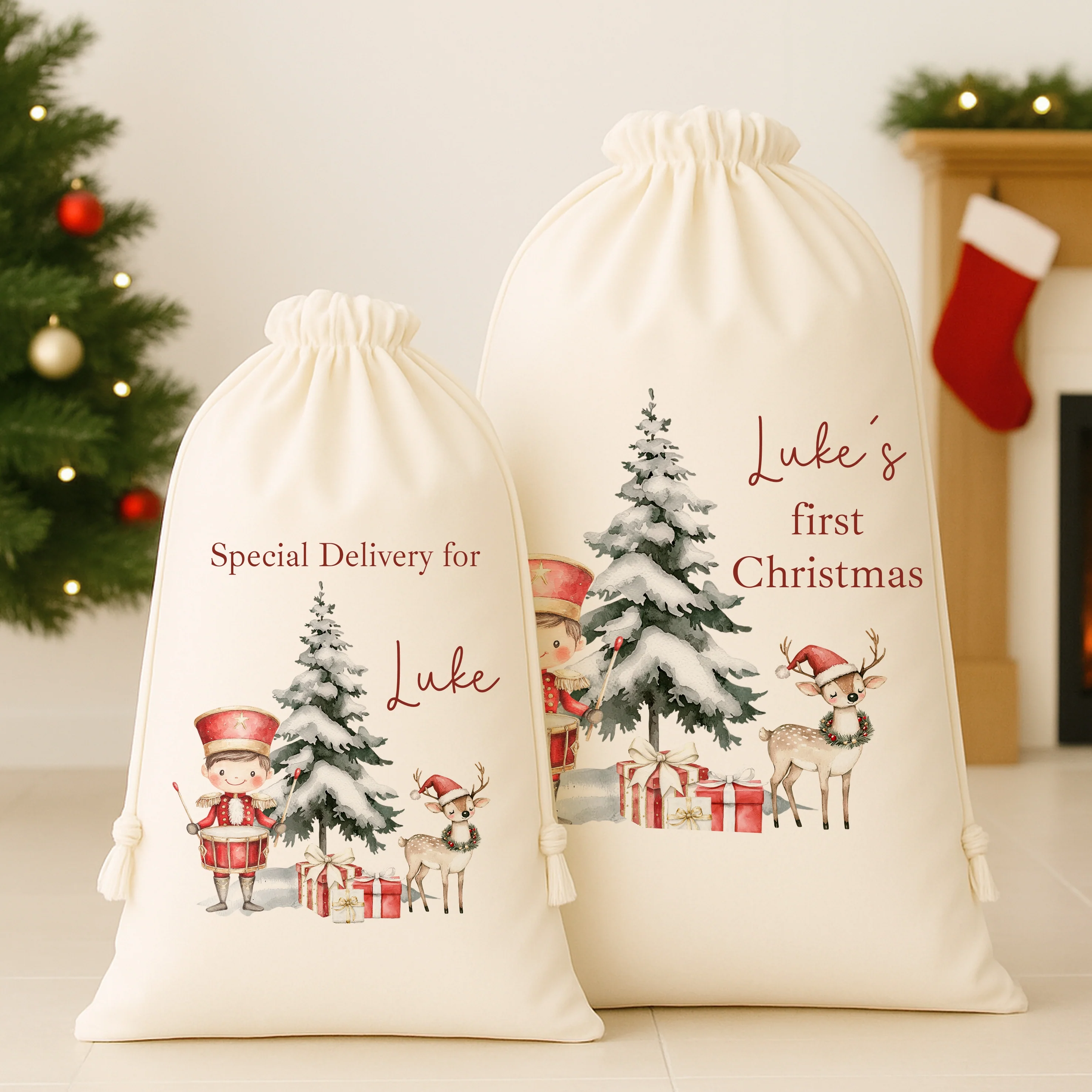 Personalised Red Nutcracker My First Christmas Canvas Santa Sack