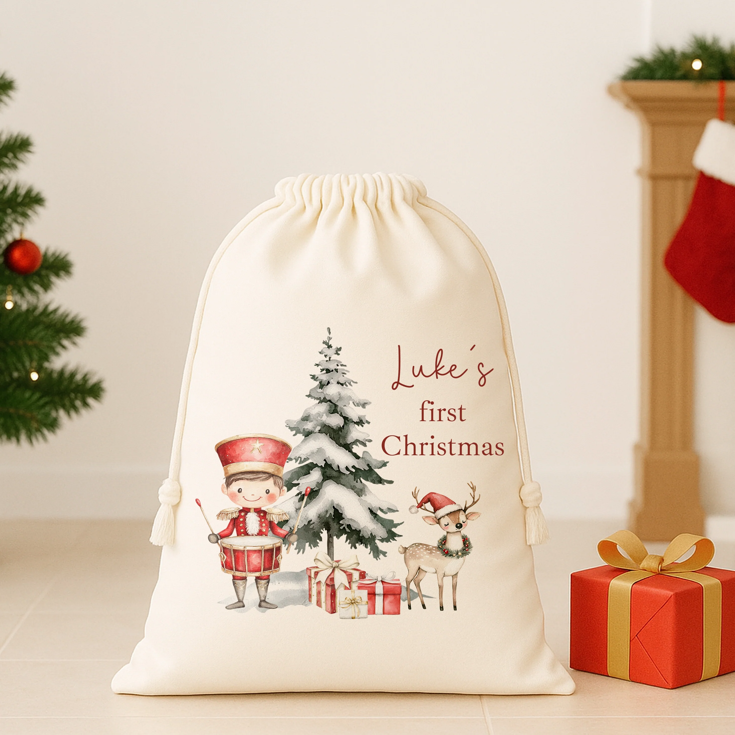 Personalised Red Nutcracker My First Christmas Canvas Santa Sack - Image 3