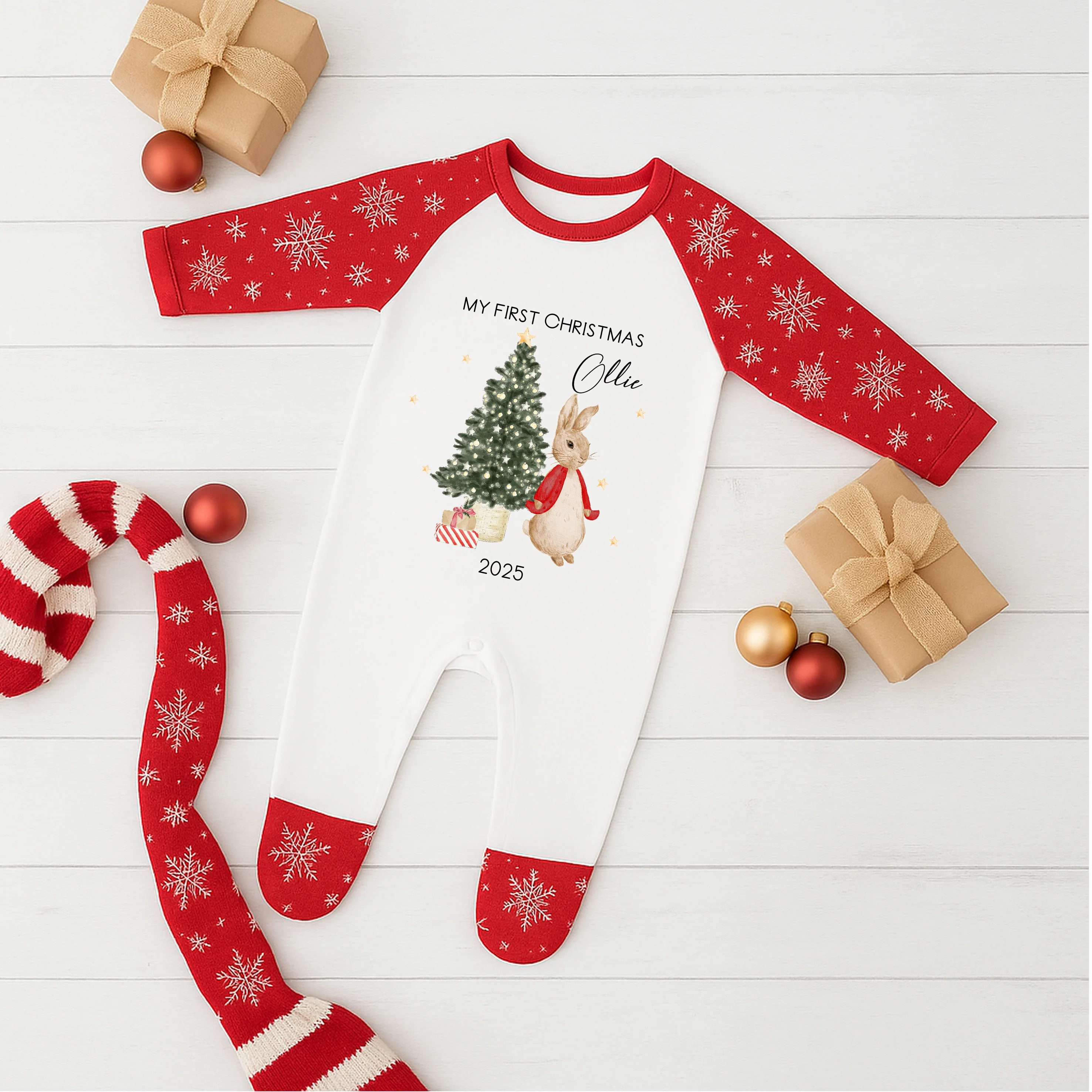 Personalised Red Rabbit Sibling Matching Christmas Snowflake Babygrow/Pyjamas - Image 3