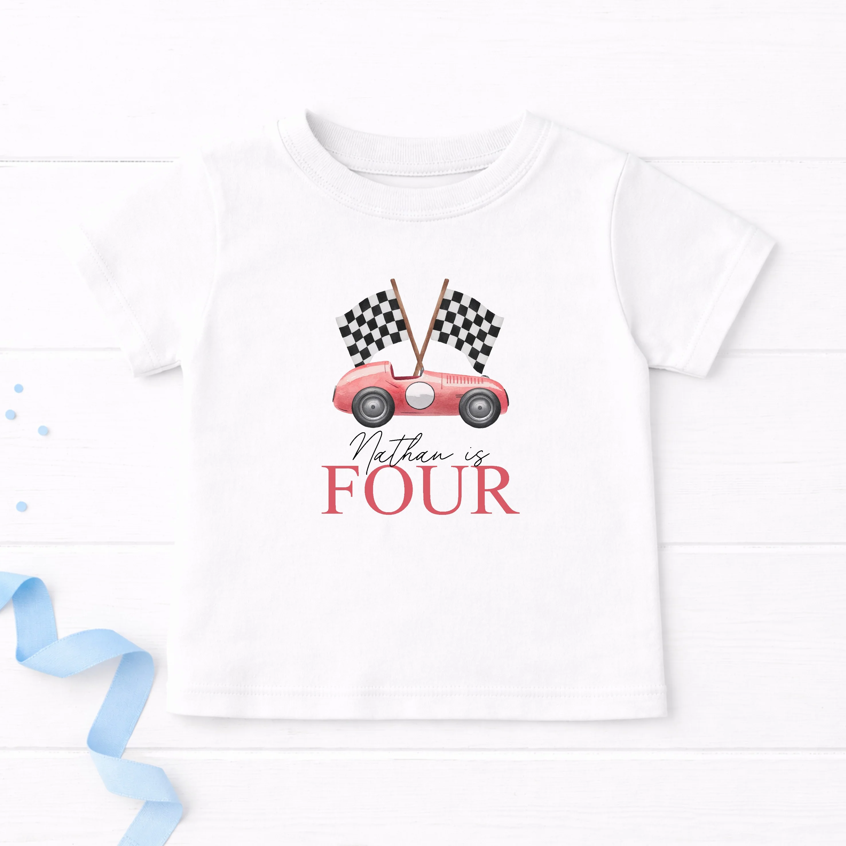 Personalised Red Racecar Any Age Birthday T-shirt - Image 2