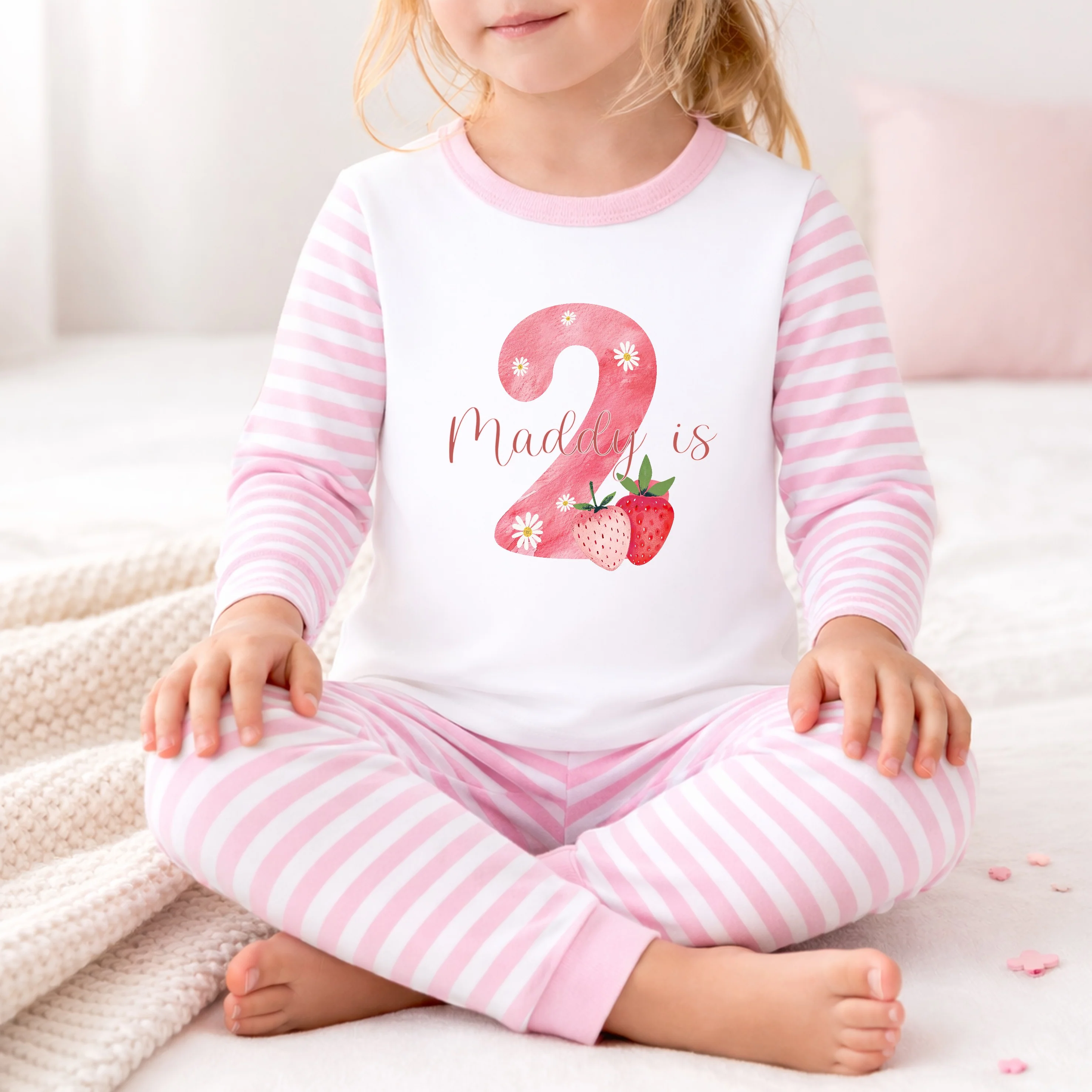Personalised Strawberry Pink Stripe 2nd Birthday Pyjamas - Image 2