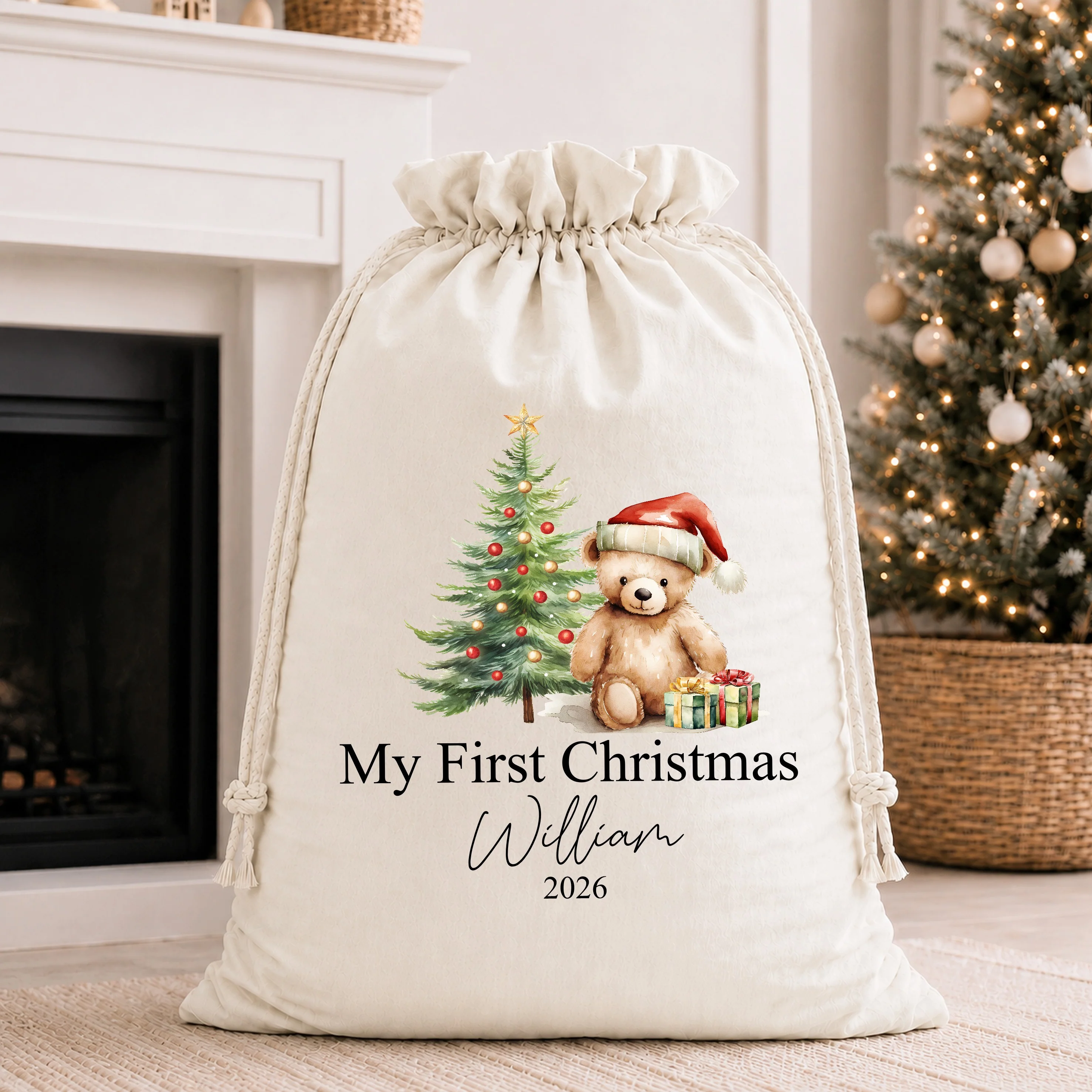 Personalised Red Teddy My First Christmas Stocking or Santa Sack - Image 3