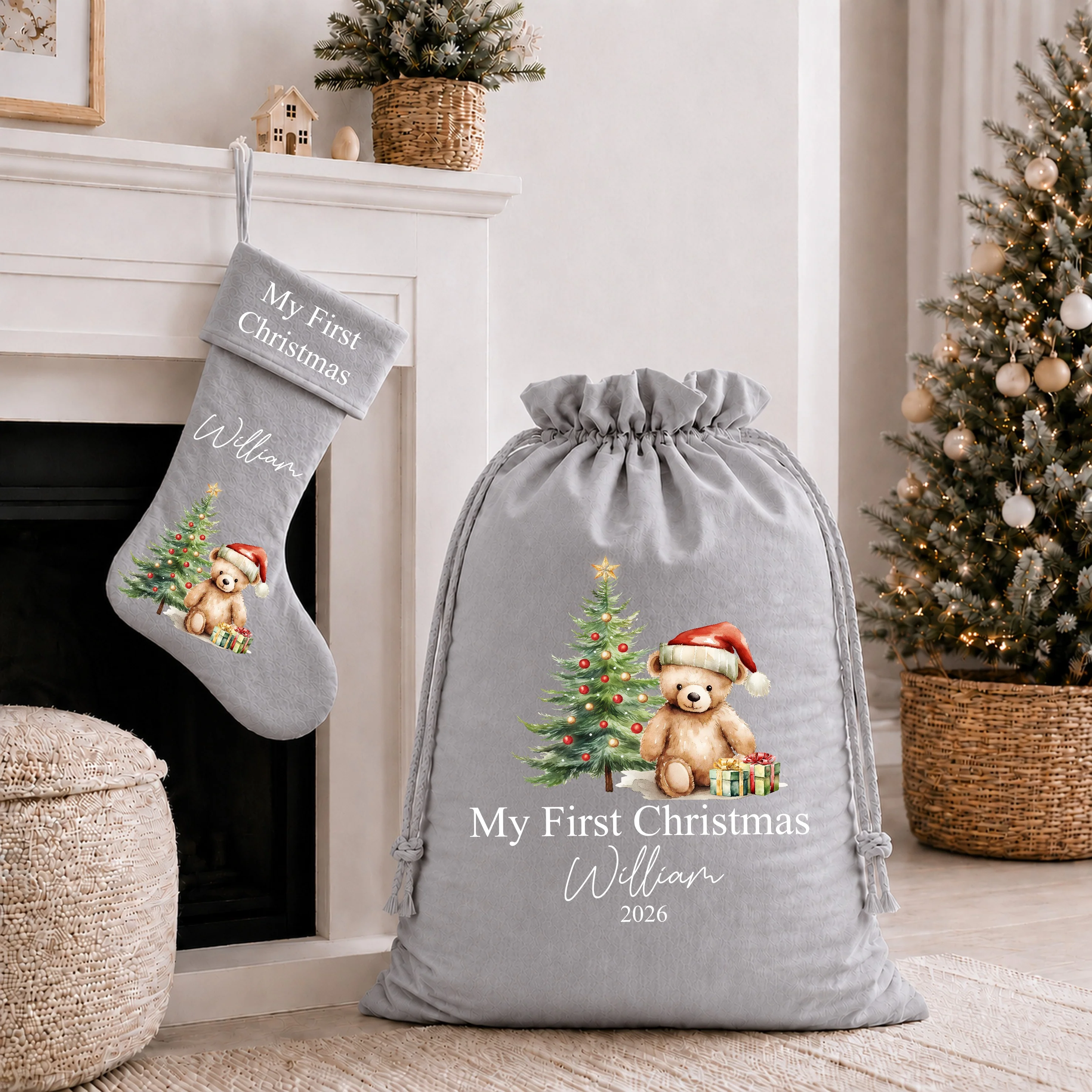 Personalised Red Teddy My First Christmas Stocking or Santa Sack - Image 6