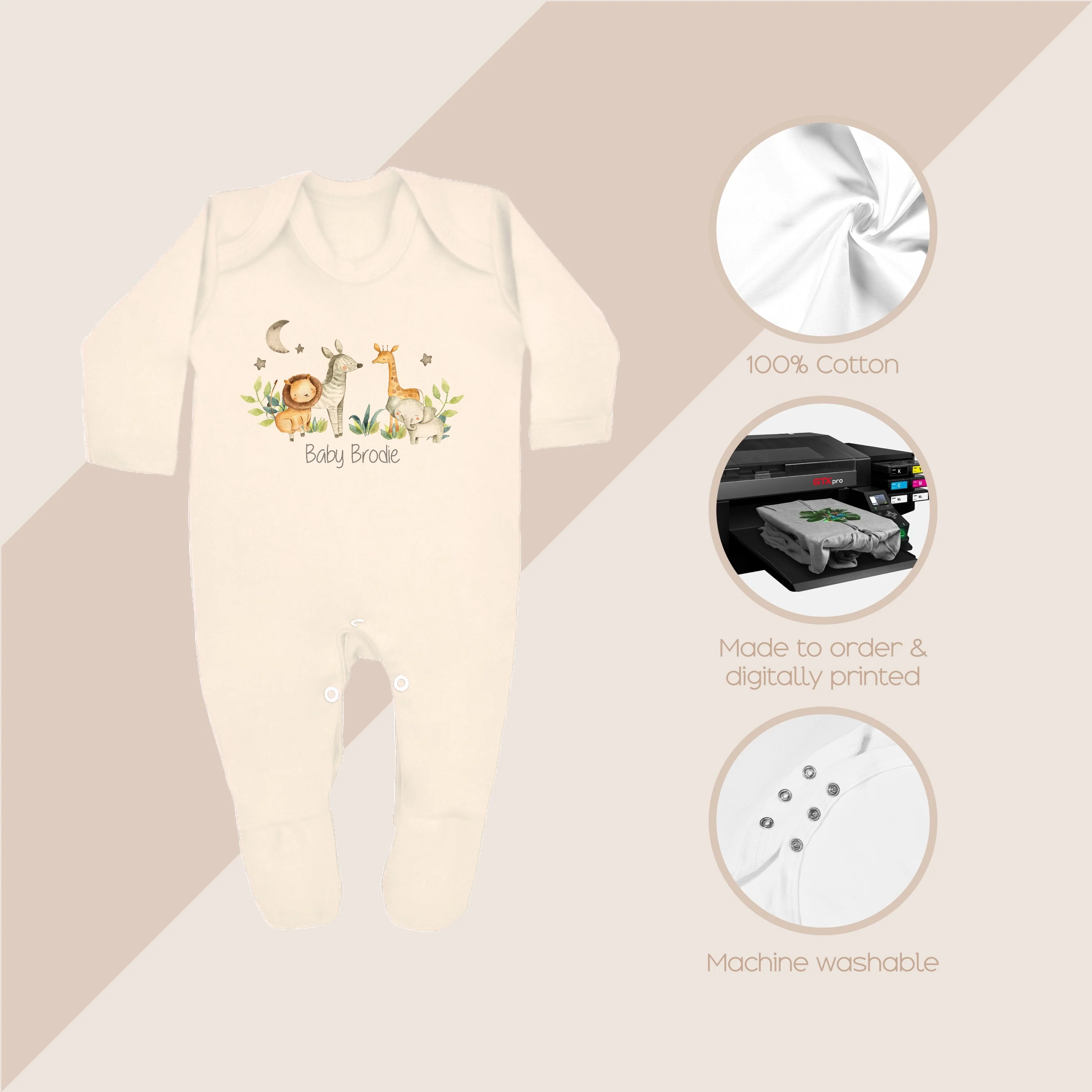 Personalised Safari Gang Beige Babygrow - Image 3