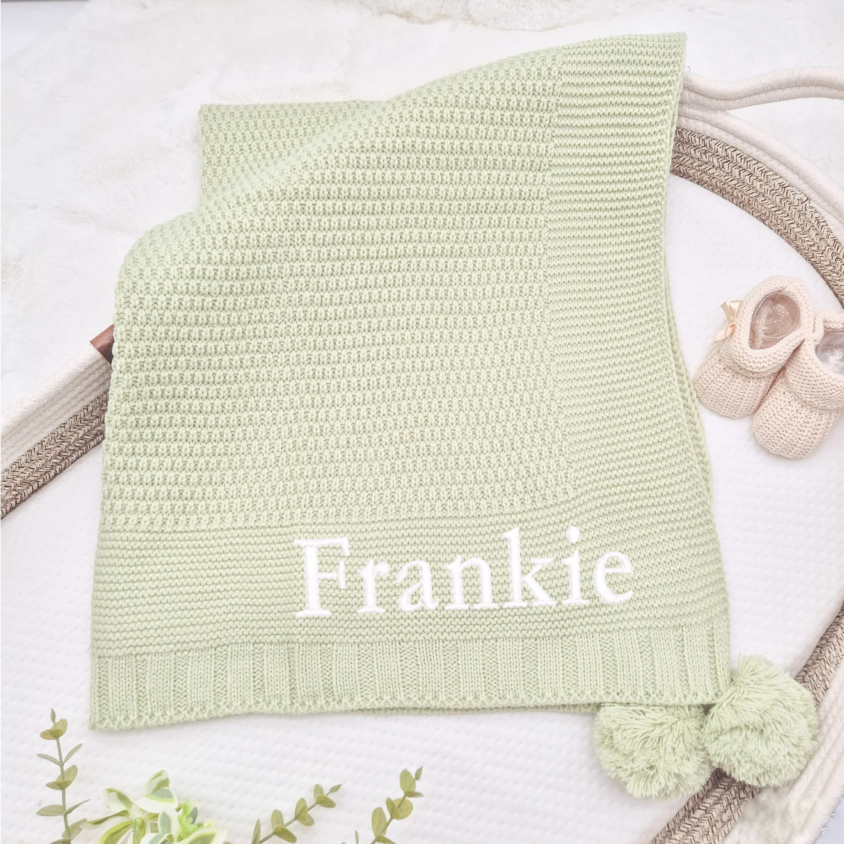 Personalised Sage Embroidered Knitted Baby Blanket - Image 3