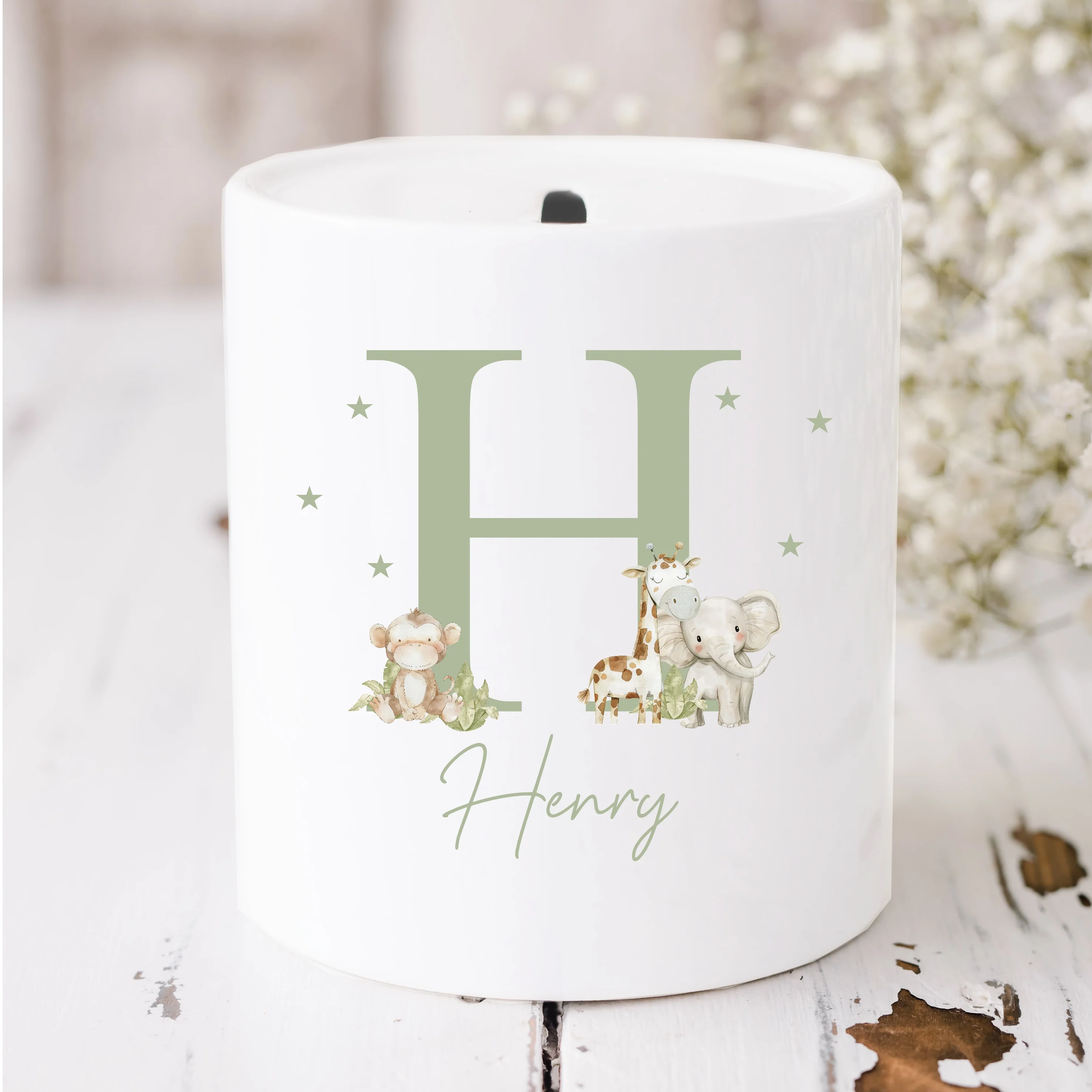 Personalised Sage Green Jungle Initial Ceramic Money Box - Image 2