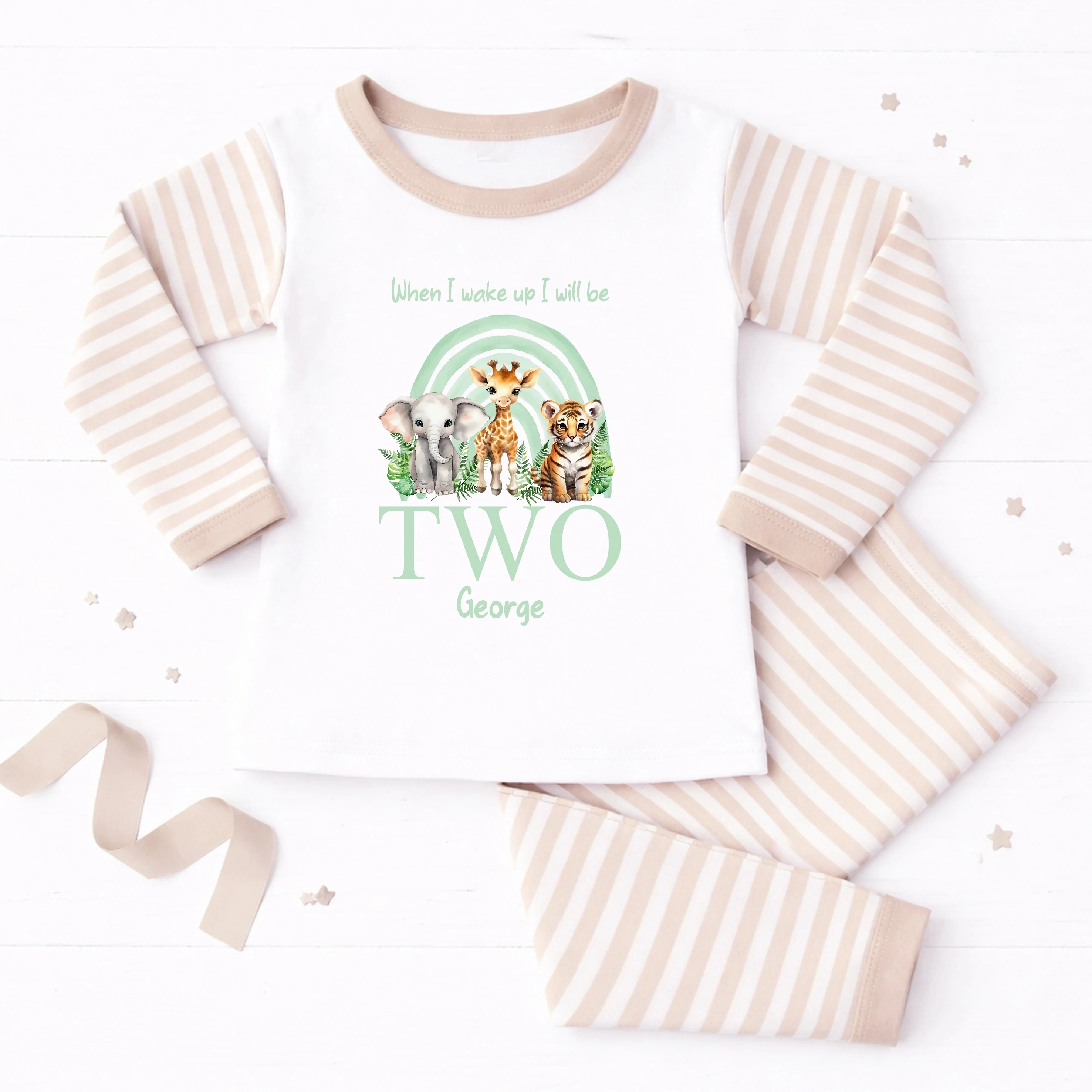 Personalised Sage Green Jungle Rainbow Second Birthday Pyjamas - Image 3